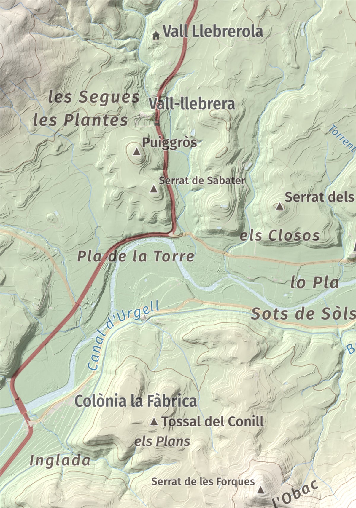 Mapa topográfico del relieve: Puig de Grialó, 667 m. Detalle de la zona superior izquierda. 21 × 30 cm.
