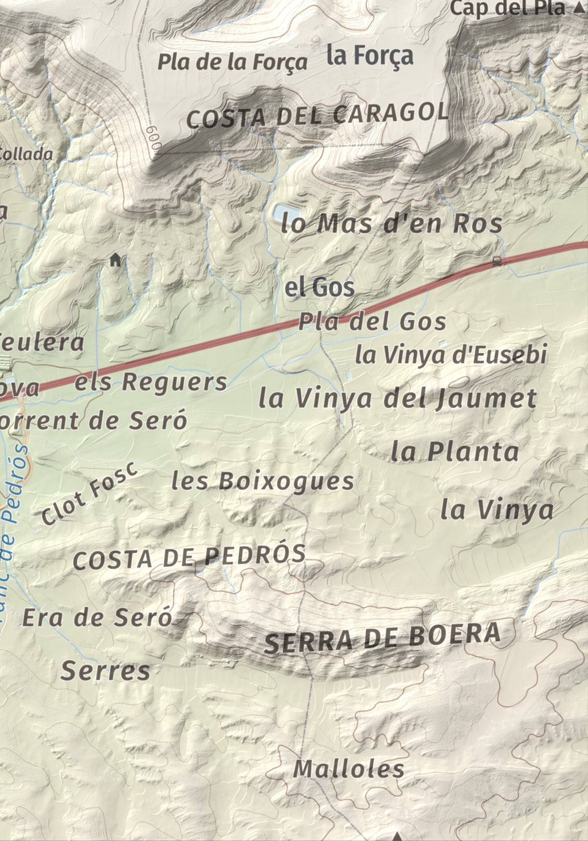 Mapa topográfico del relieve: Puig de Grialó, 667 m. Detalle de la zona inferior derecha. 21 × 30 cm.