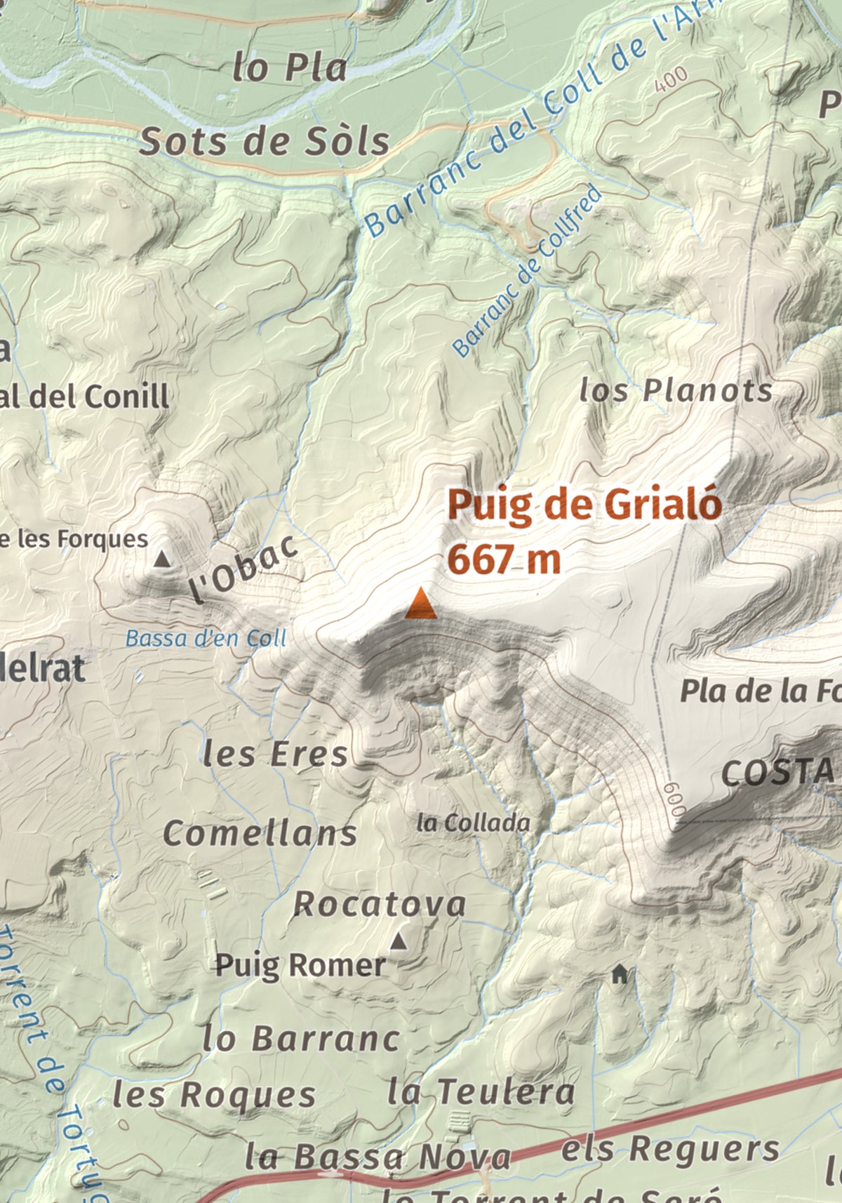 Mapa topográfico del relieve: Puig de Grialó, 667 m. Detalle de la zona central. 21 × 30 cm.
