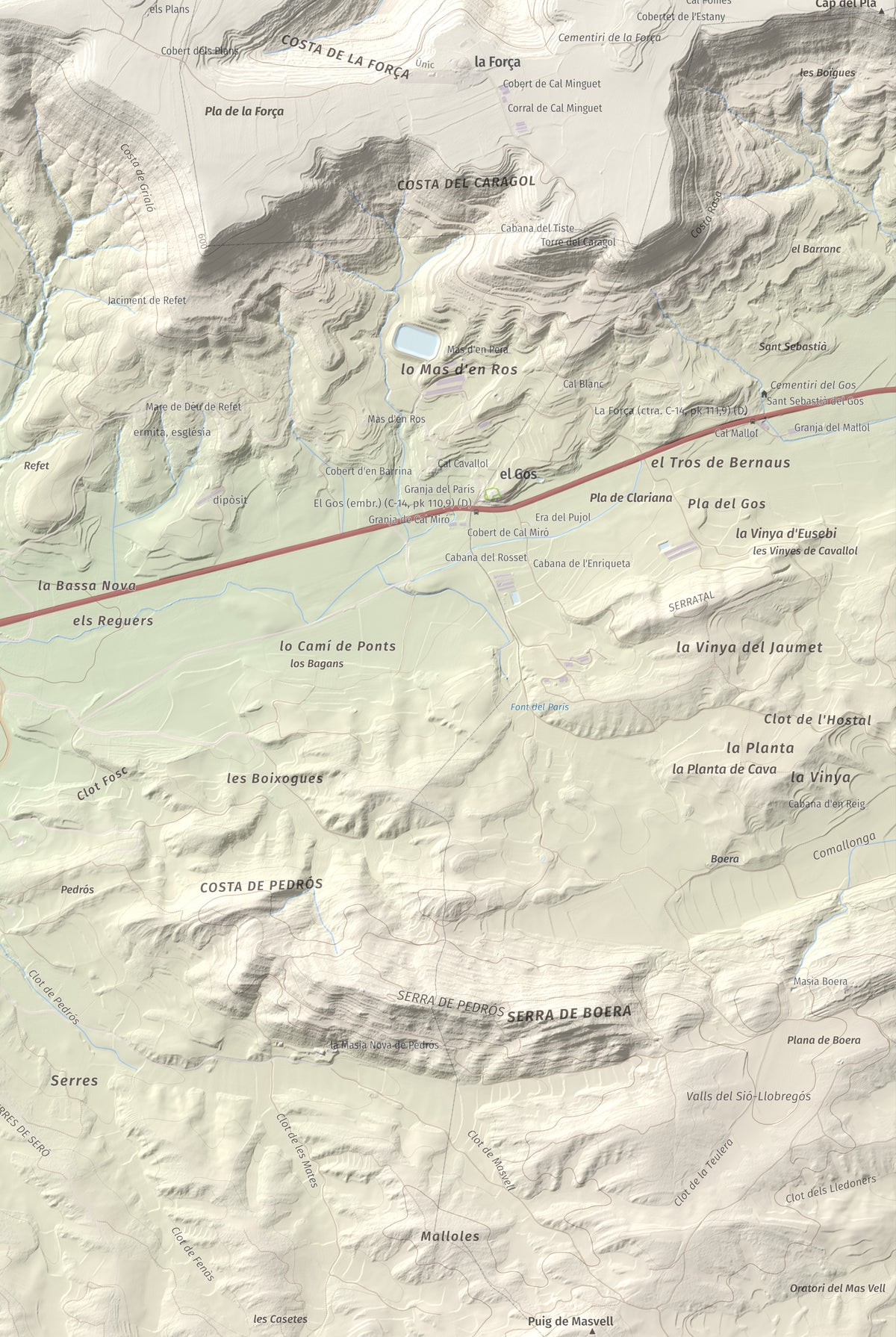 Mapa topográfico del relieve: Puig de Grialó, 667 m. Detalle de la zona inferior derecha. 61 × 91 cm.