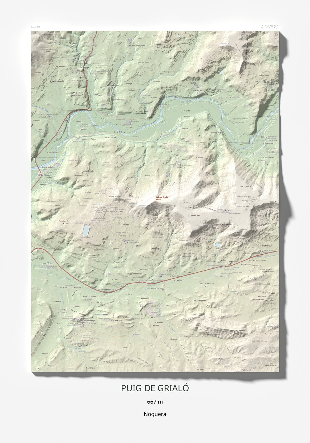Mapa topográfico del relieve: Puig de Grialó, 667 m. Lámina completa. 70 × 100 cm.