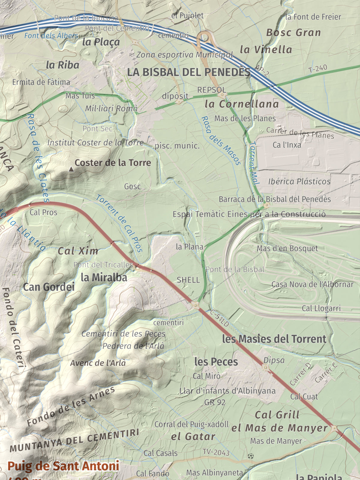 Mapa de relieve de Puig de Sant Antoni, 409 m, Baix Penedès, lámina 100 Cims de Trobart. Detalle de la zona superior derecha. 30 × 40 cm.