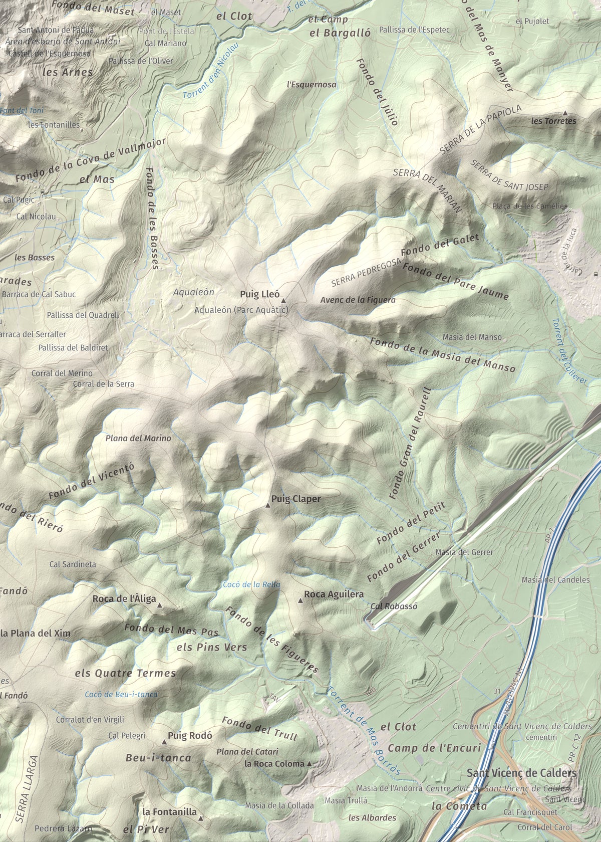Mapa de relieve de Puig de Sant Antoni, 409 m, Baix Penedès, lámina 100 Cims de Trobart. Detalle de la zona inferior derecha. 50 × 70 cm.