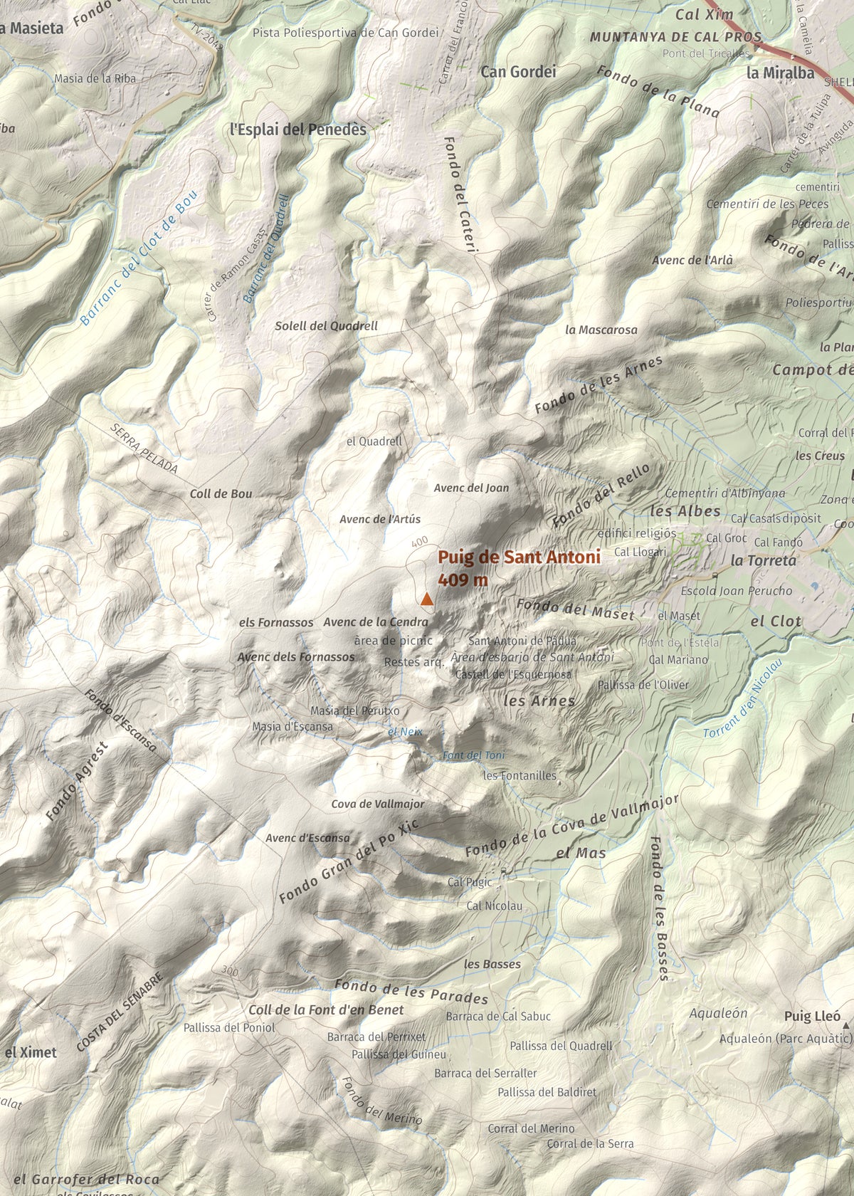 Mapa de relieve de Puig de Sant Antoni, 409 m, Baix Penedès, lámina 100 Cims de Trobart. Detalle de la zona central. 50 × 70 cm.