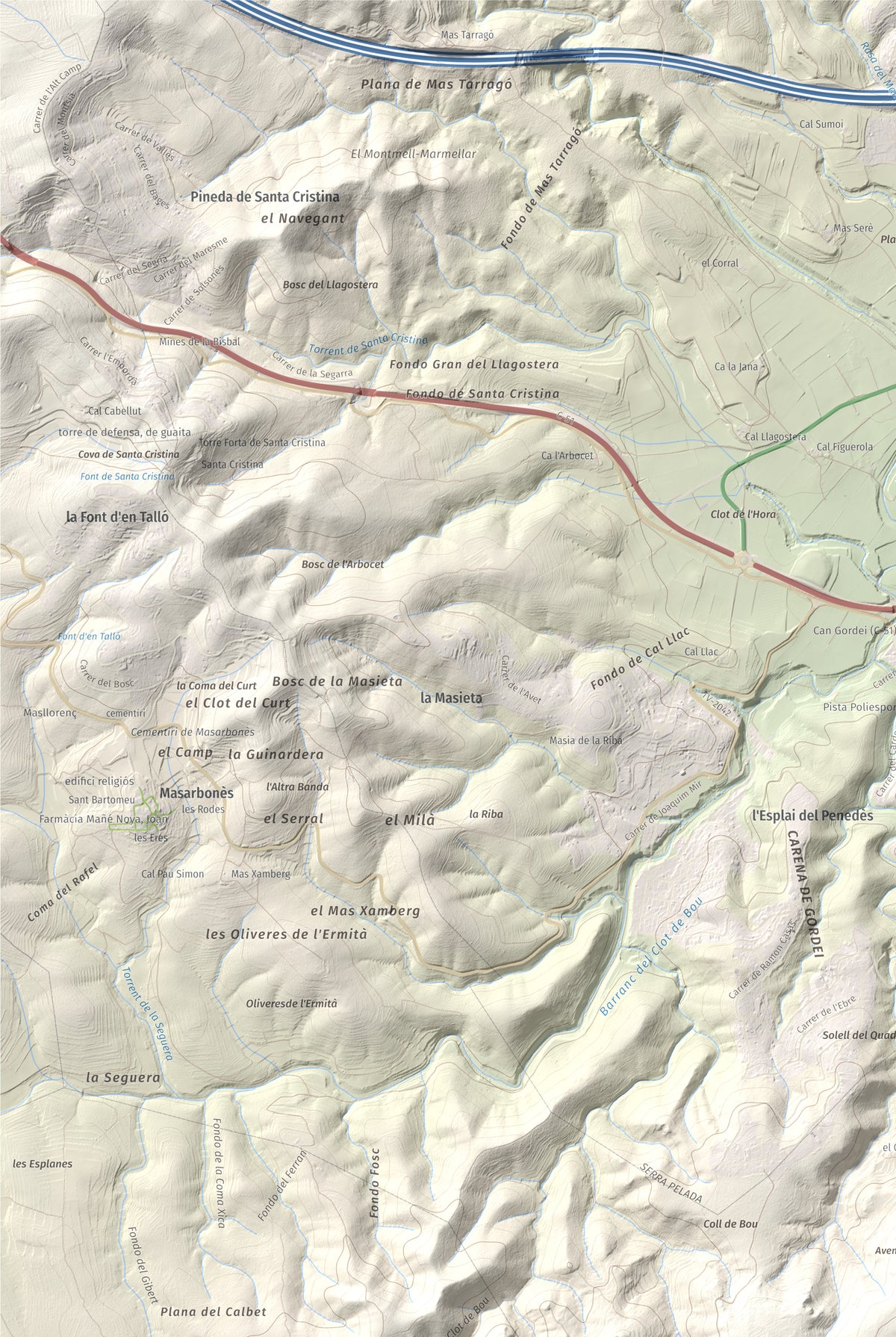 Mapa de relieve de Puig de Sant Antoni, 409 m, Baix Penedès, lámina 100 Cims de Trobart. Detalle de la zona superior izquierda. 61 × 91 cm.