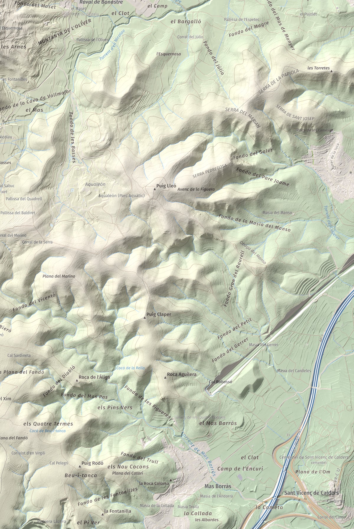 Mapa de relieve de Puig de Sant Antoni, 409 m, Baix Penedès, lámina 100 Cims de Trobart. Detalle de la zona inferior derecha. 61 × 91 cm.