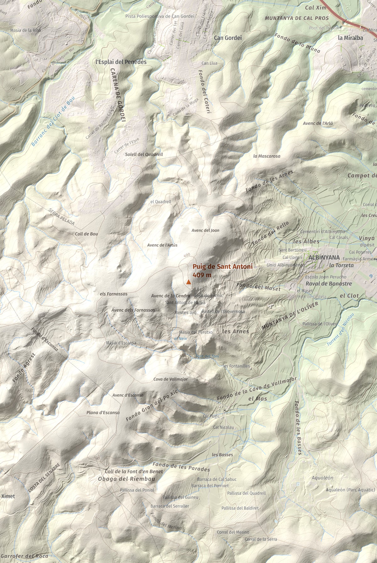 Mapa de relieve de Puig de Sant Antoni, 409 m, Baix Penedès, lámina 100 Cims de Trobart. Detalle de la zona central. 61 × 91 cm.