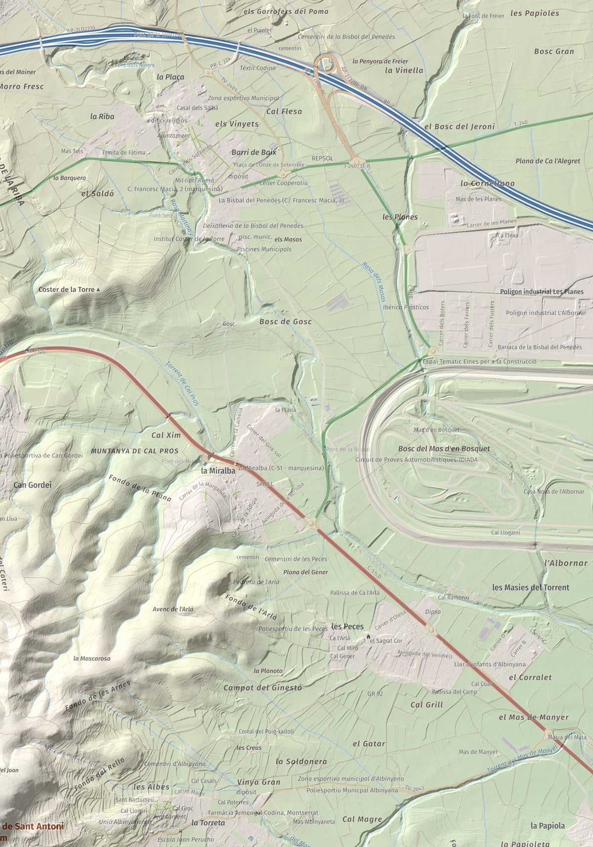 Mapa de relieve de Puig de Sant Antoni, 409 m, Baix Penedès, lámina 100 Cims de Trobart. Detalle de la zona superior derecha. 70 × 100 cm.