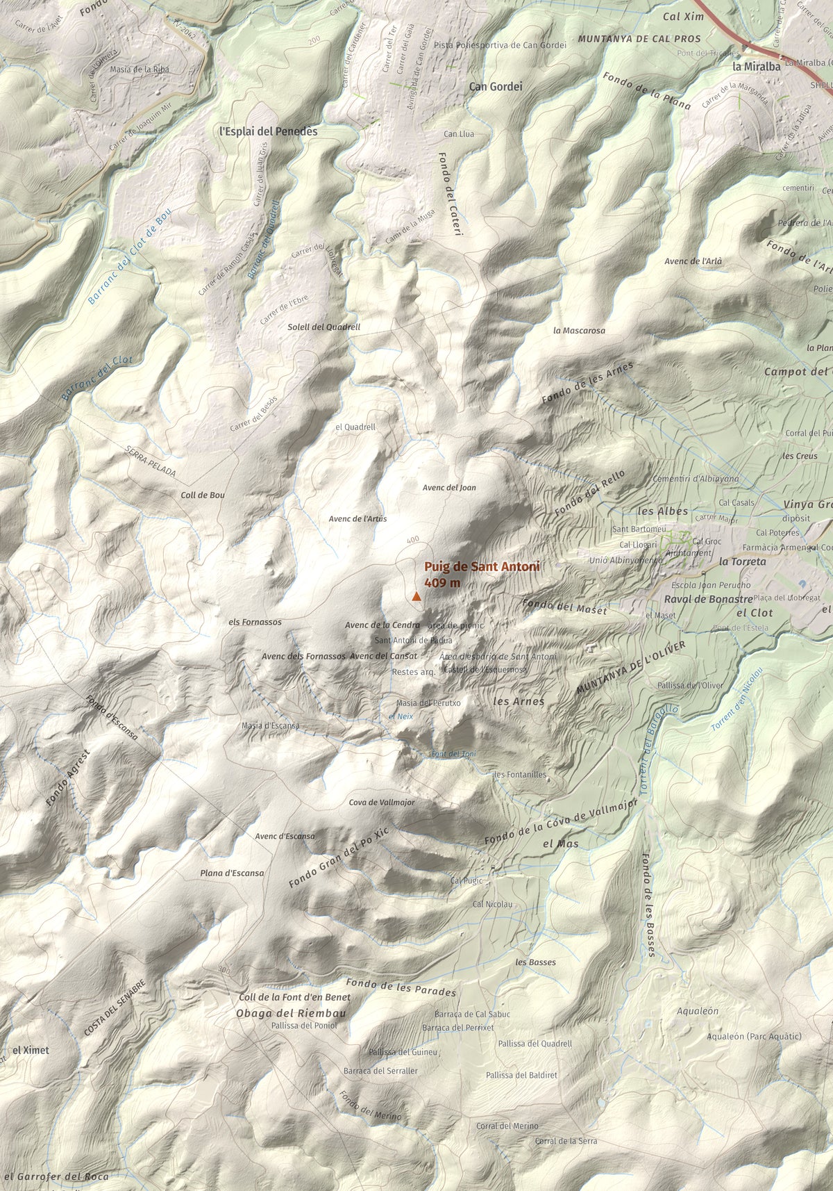Mapa de relieve de Puig de Sant Antoni, 409 m, Baix Penedès, lámina 100 Cims de Trobart. Detalle de la zona central. 70 × 100 cm.