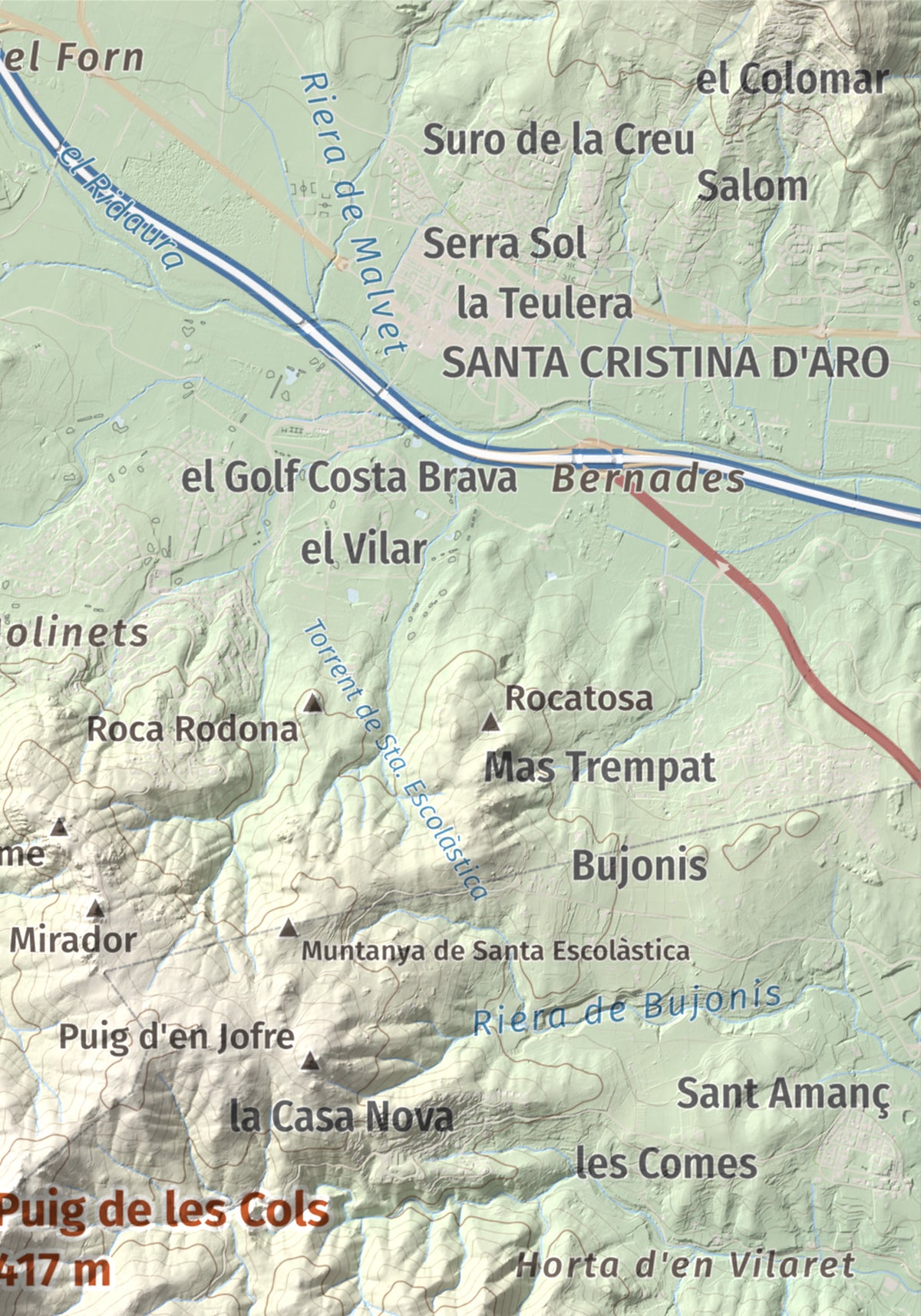 Mapa de relieve de Puig de les Cols, 417 m, Baix Empordà, lámina 100 Cims de Trobart. Detalle de la zona superior derecha. 21 × 30 cm.