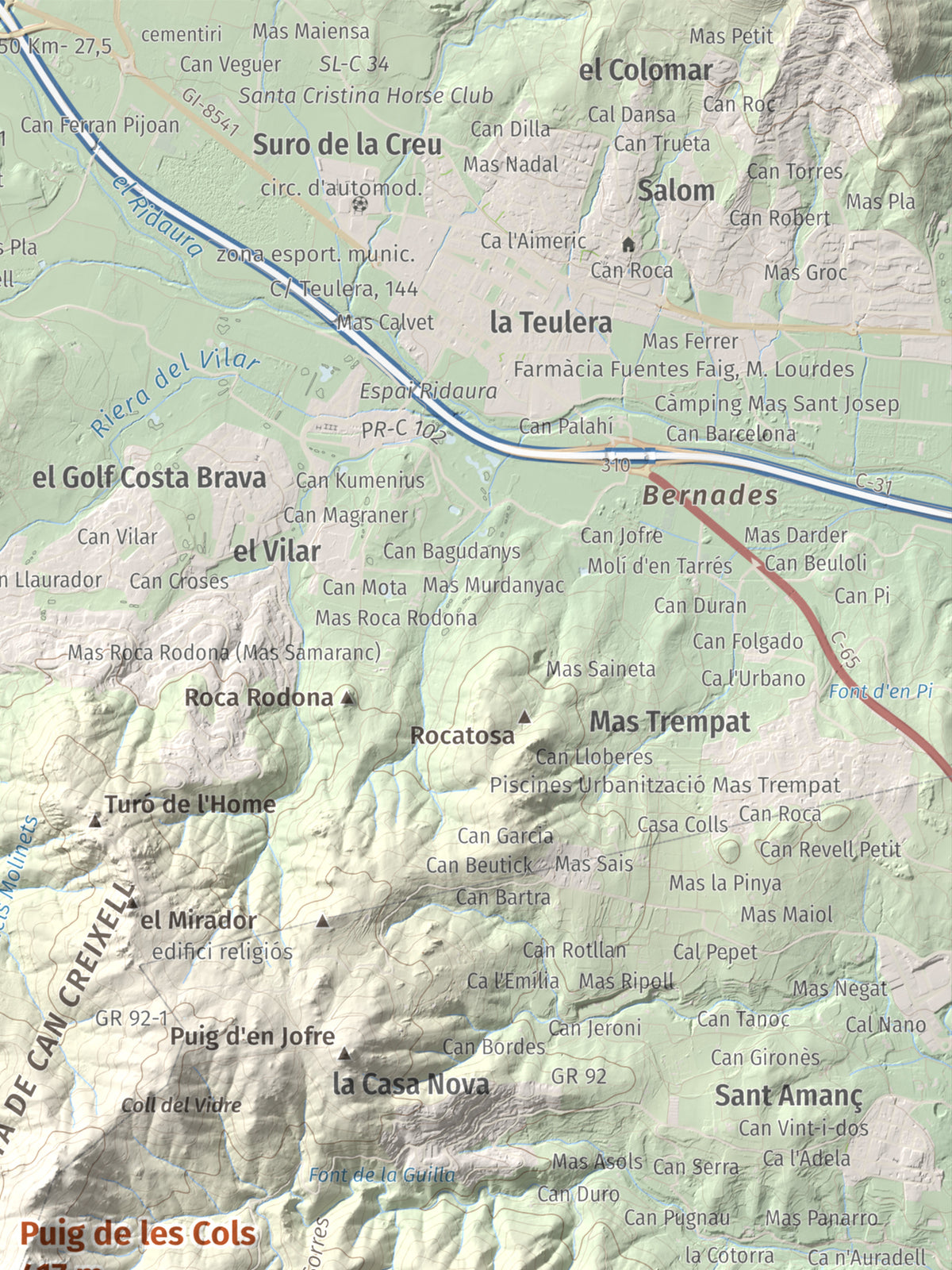 Mapa de relieve de Puig de les Cols, 417 m, Baix Empordà, lámina 100 Cims de Trobart. Detalle de la zona superior derecha. 30 × 40 cm.