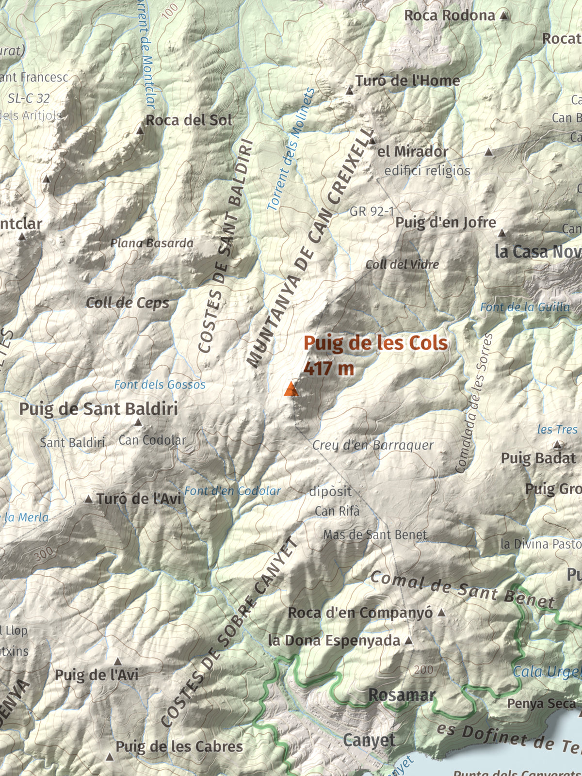 Mapa de relieve de Puig de les Cols, 417 m, Baix Empordà, lámina 100 Cims de Trobart. Detalle de la zona central. 30 × 40 cm.