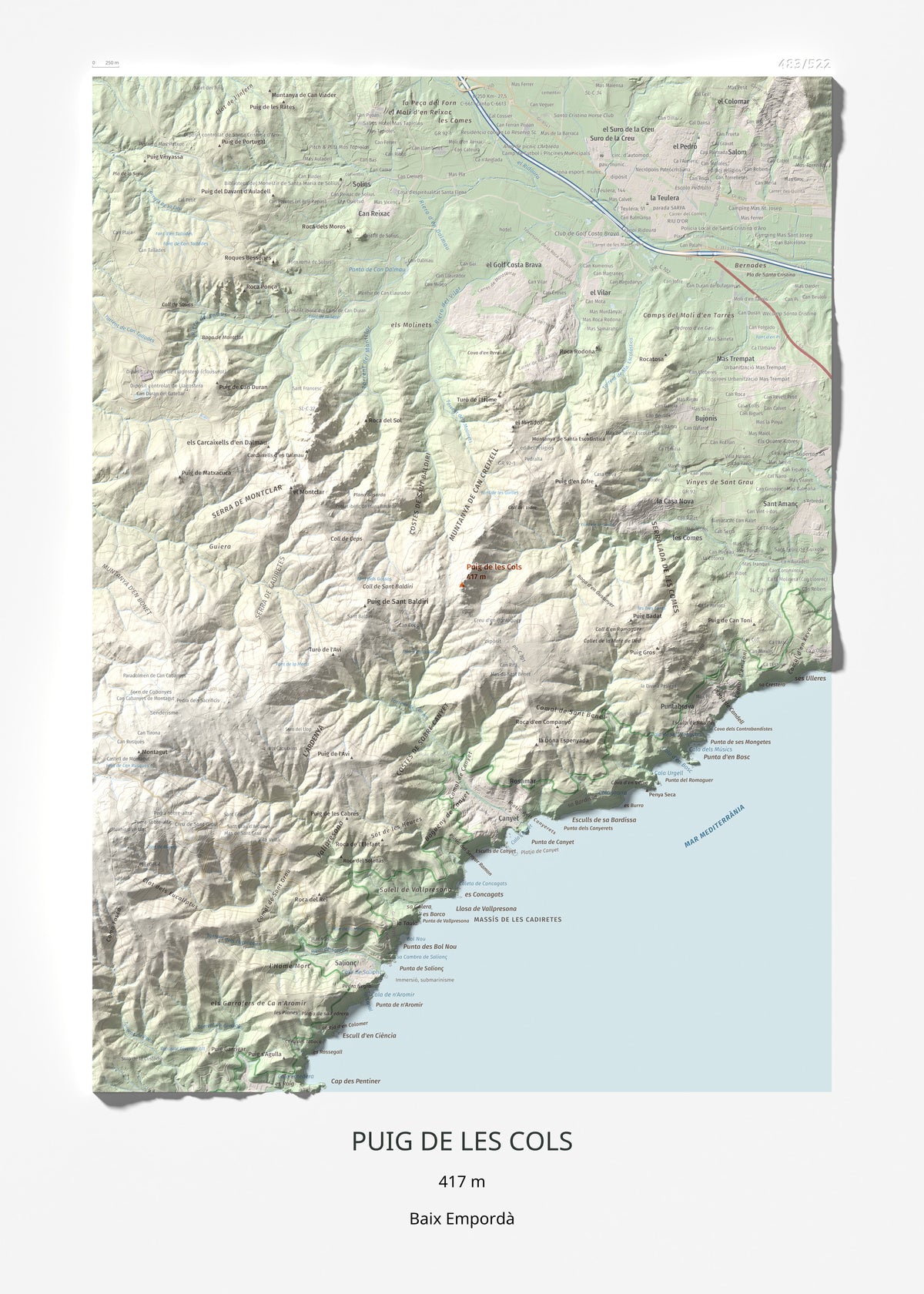 Mapa de relieve de Puig de les Cols, 417 m, Baix Empordà, lámina 100 Cims de Trobart 50 × 70 cm.