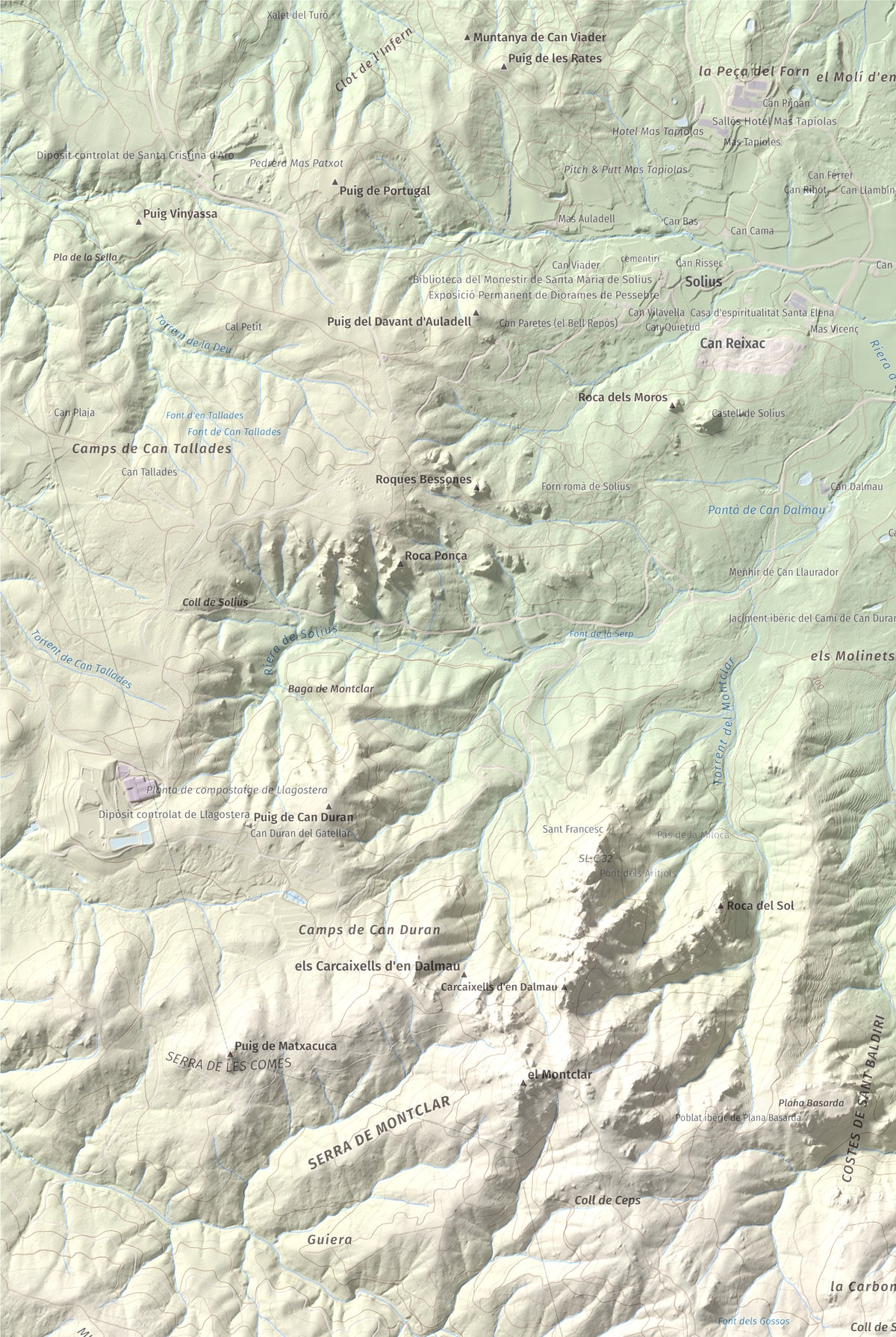 Mapa de relieve de Puig de les Cols, 417 m, Baix Empordà, lámina 100 Cims de Trobart. Detalle de la zona superior izquierda. 61 × 91 cm.