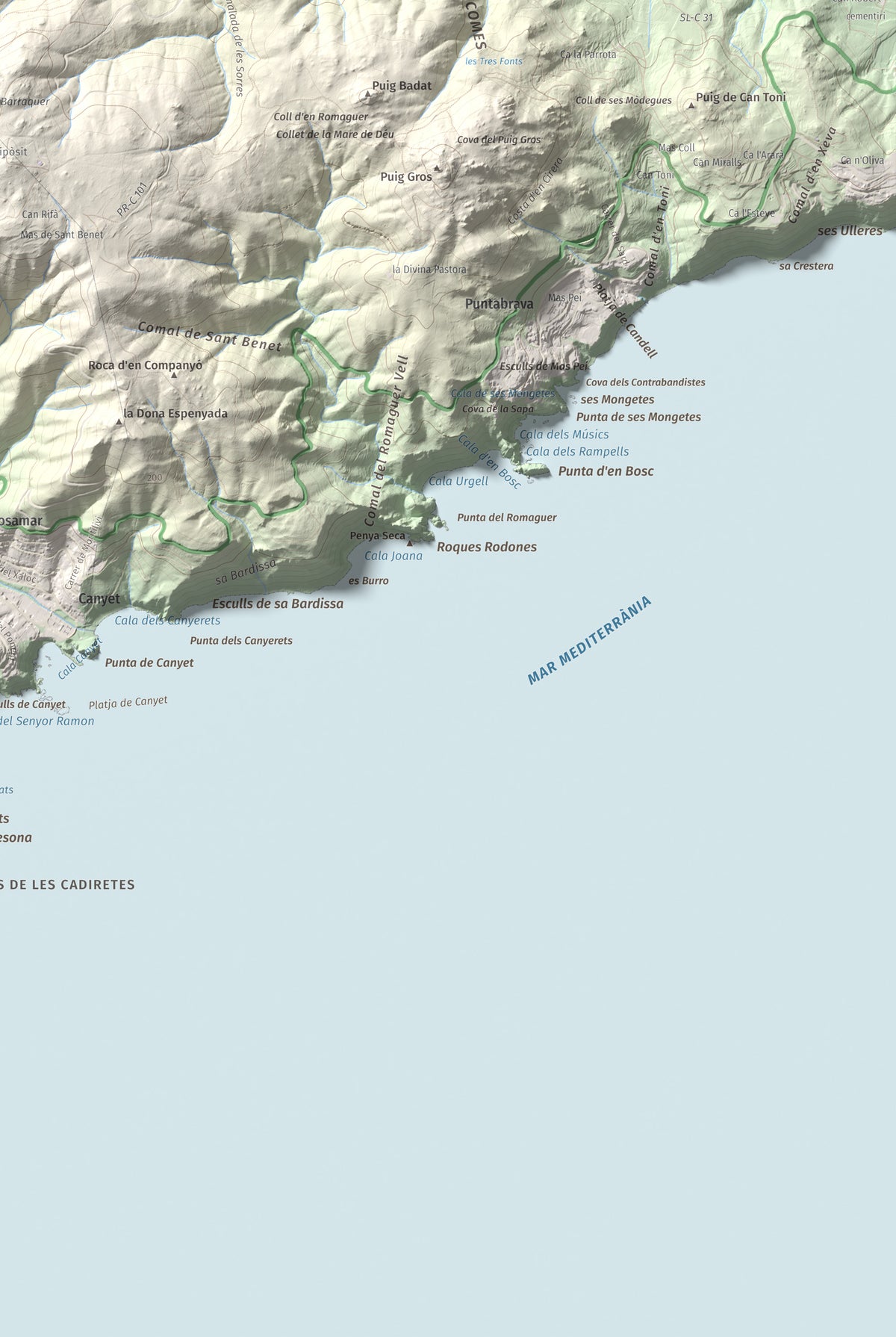 Mapa de relieve de Puig de les Cols, 417 m, Baix Empordà, lámina 100 Cims de Trobart. Detalle de la zona inferior derecha. 61 × 91 cm.