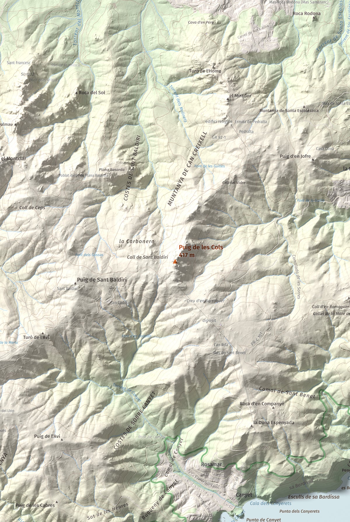 Mapa de relieve de Puig de les Cols, 417 m, Baix Empordà, lámina 100 Cims de Trobart. Detalle de la zona central. 61 × 91 cm.