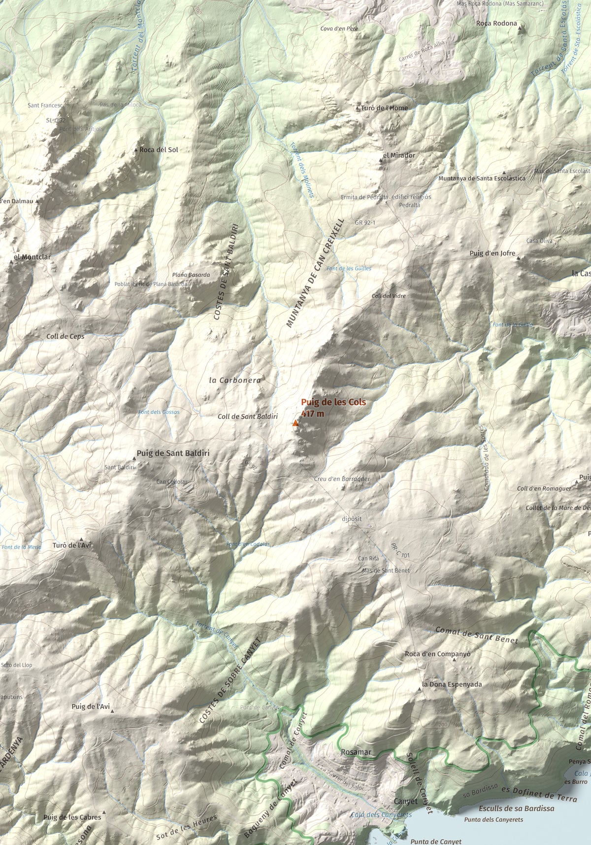 Mapa de relieve de Puig de les Cols, 417 m, Baix Empordà, lámina 100 Cims de Trobart. Detalle de la zona central. 70 × 100 cm.