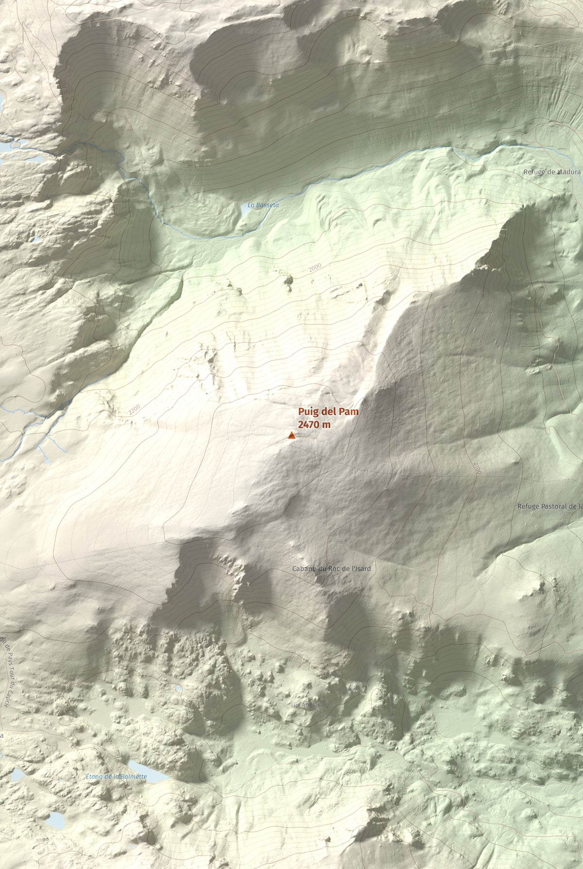 Mapa topogràfic del relleu: Puig del Pam, 2470 m. Detall de la zona central. 61 × 91 cm.