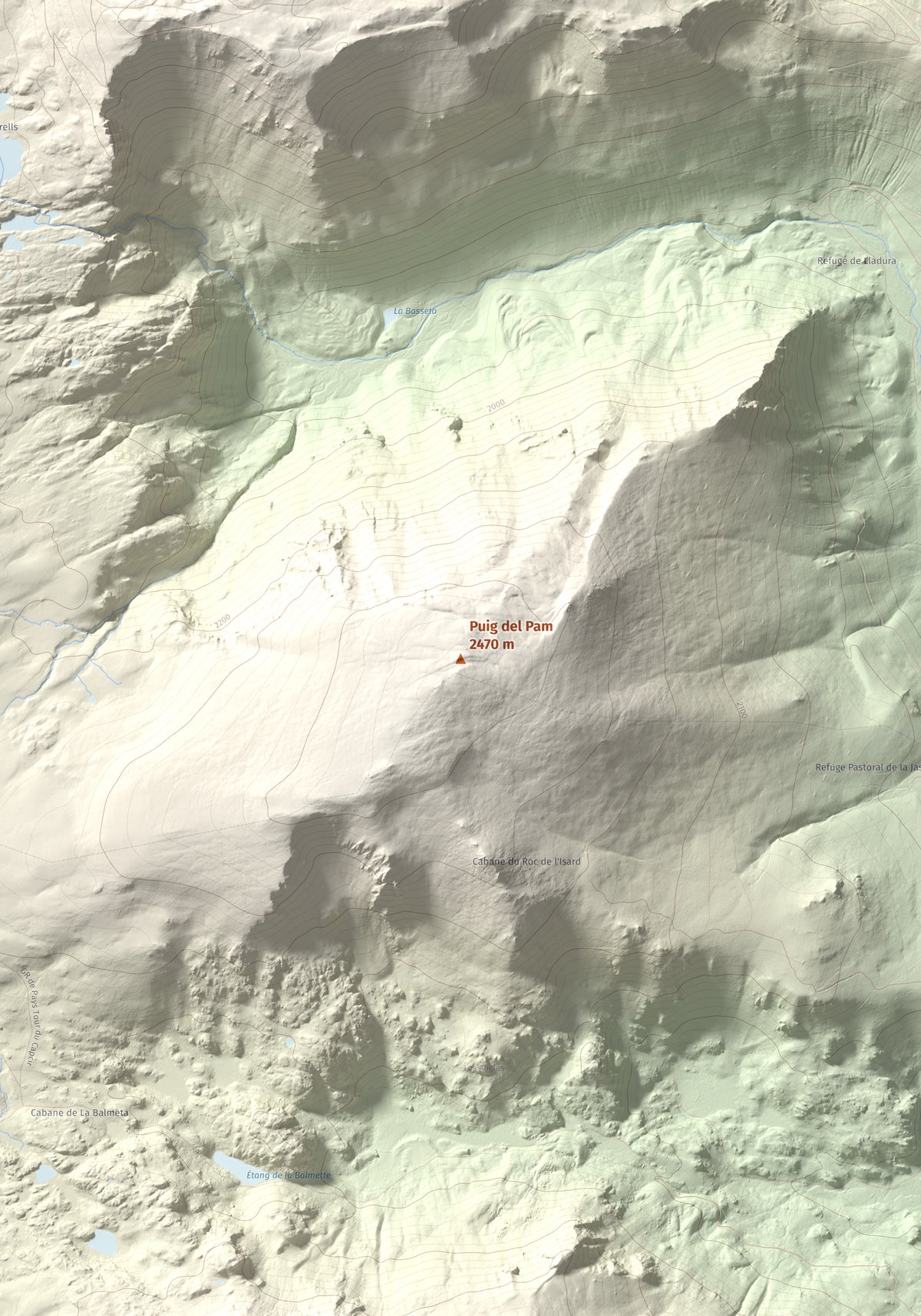 Mapa topogràfic del relleu: Puig del Pam, 2470 m. Detall de la zona central. 70 × 100 cm.