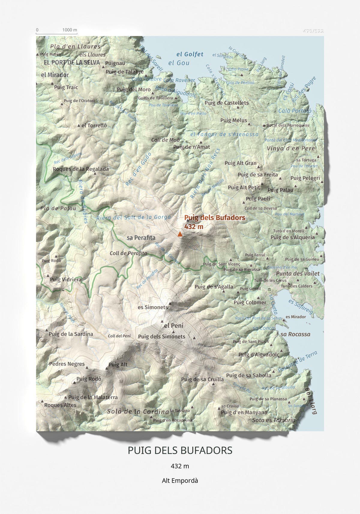 Mapa topográfico del relieve: Puig dels Bufadors, 432 m. Lámina completa. 21 × 30 cm.