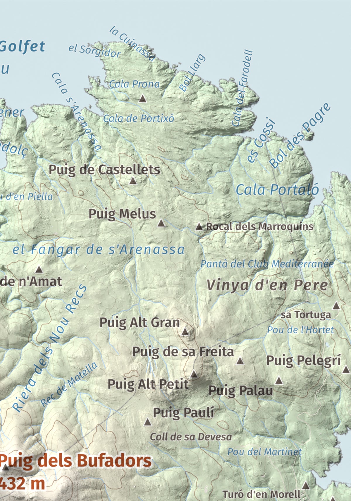 Mapa topográfico del relieve: Puig dels Bufadors, 432 m. Detalle de la zona superior derecha. 21 × 30 cm.