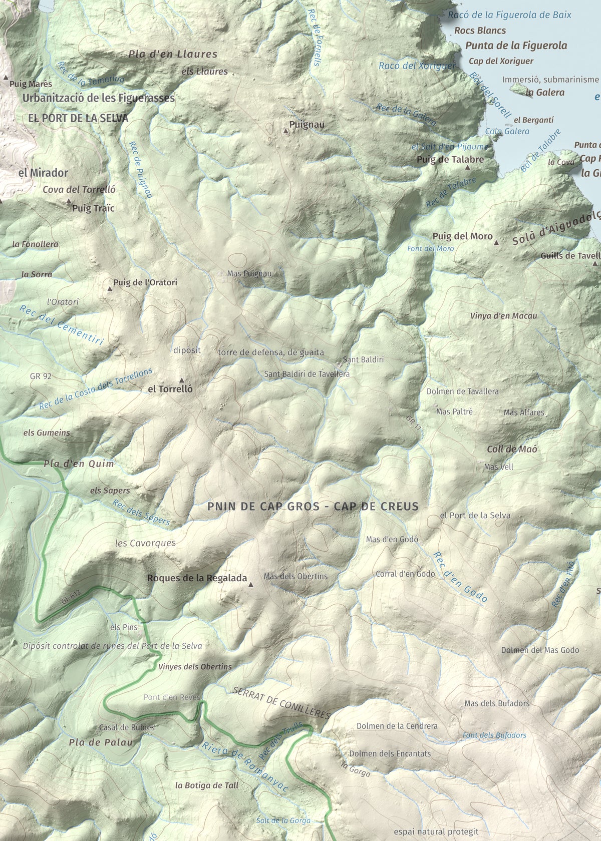 Mapa topográfico del relieve: Puig dels Bufadors, 432 m. Detalle de la zona superior izquierda. 50 × 70 cm.