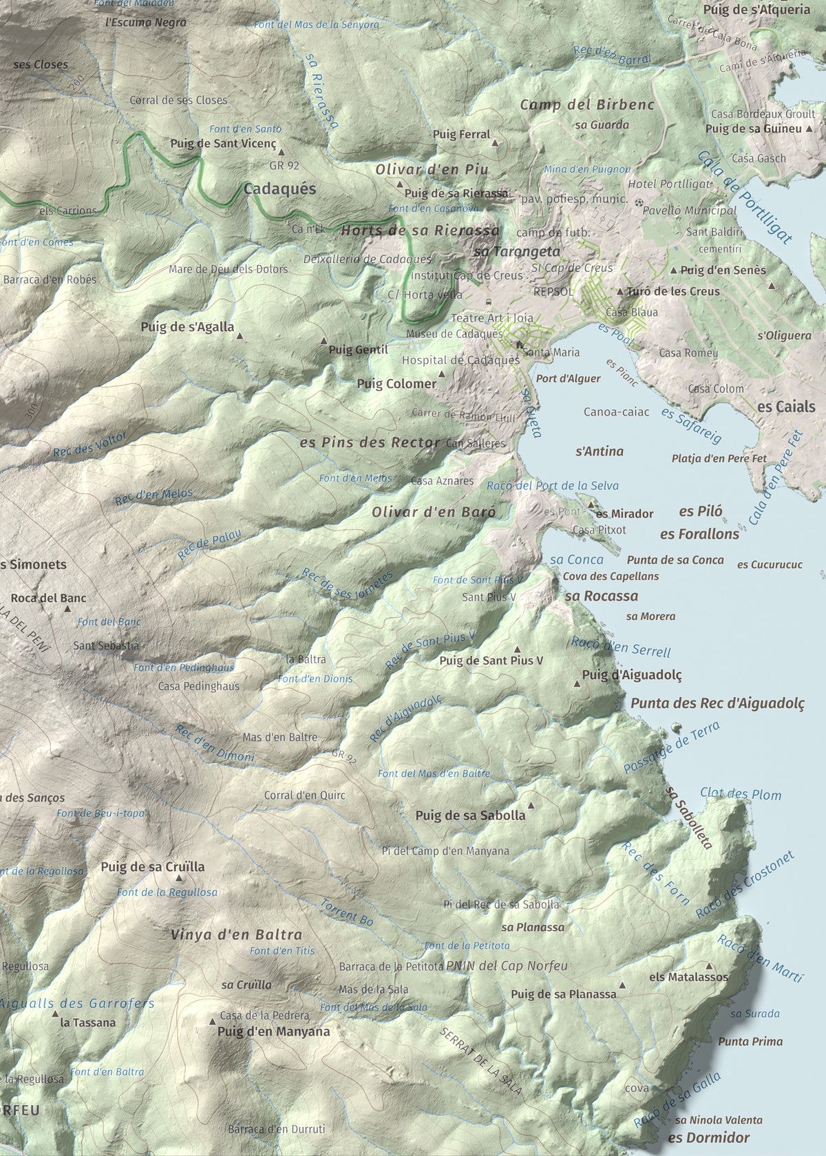 Mapa topográfico del relieve: Puig dels Bufadors, 432 m. Detalle de la zona inferior derecha. 50 × 70 cm.