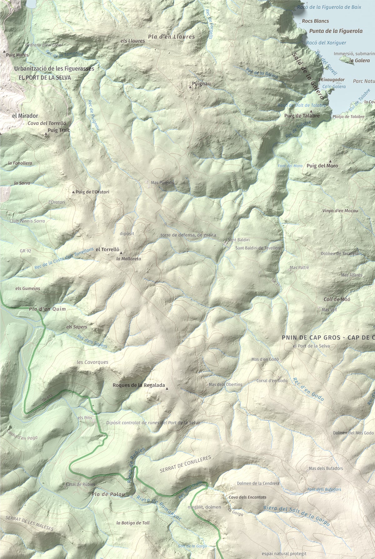 Mapa topográfico del relieve: Puig dels Bufadors, 432 m. Detalle de la zona superior izquierda. 61 × 91 cm.