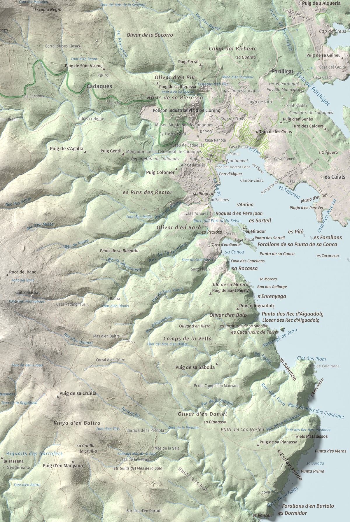 Mapa topográfico del relieve: Puig dels Bufadors, 432 m. Detalle de la zona inferior derecha. 61 × 91 cm.