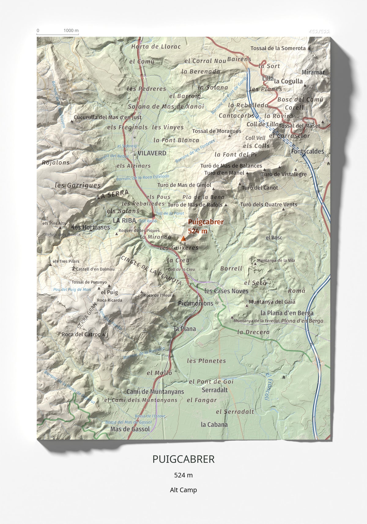 Mapa topográfico del relieve: Puigcabrer, 524 m. Lámina completa. 21 × 30 cm.