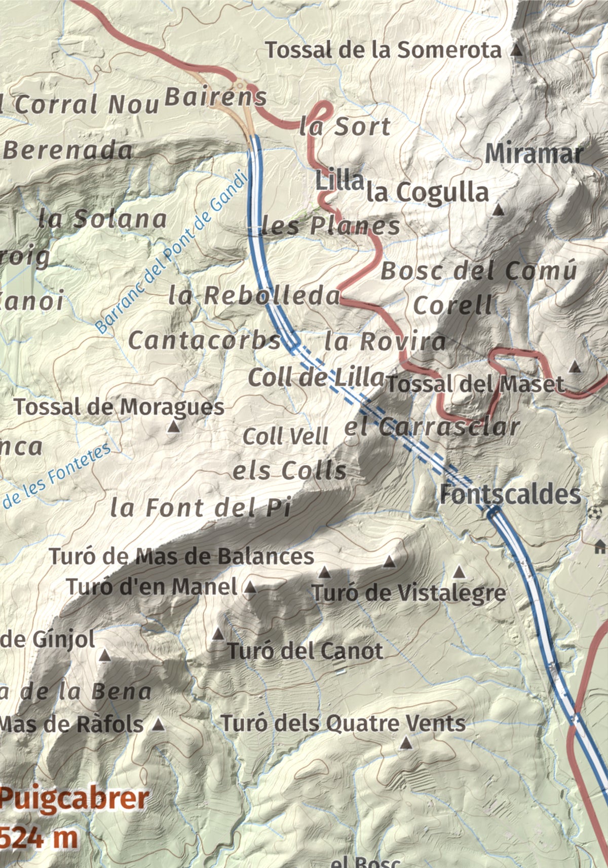 Mapa topográfico del relieve: Puigcabrer, 524 m. Detalle de la zona superior derecha. 21 × 30 cm.