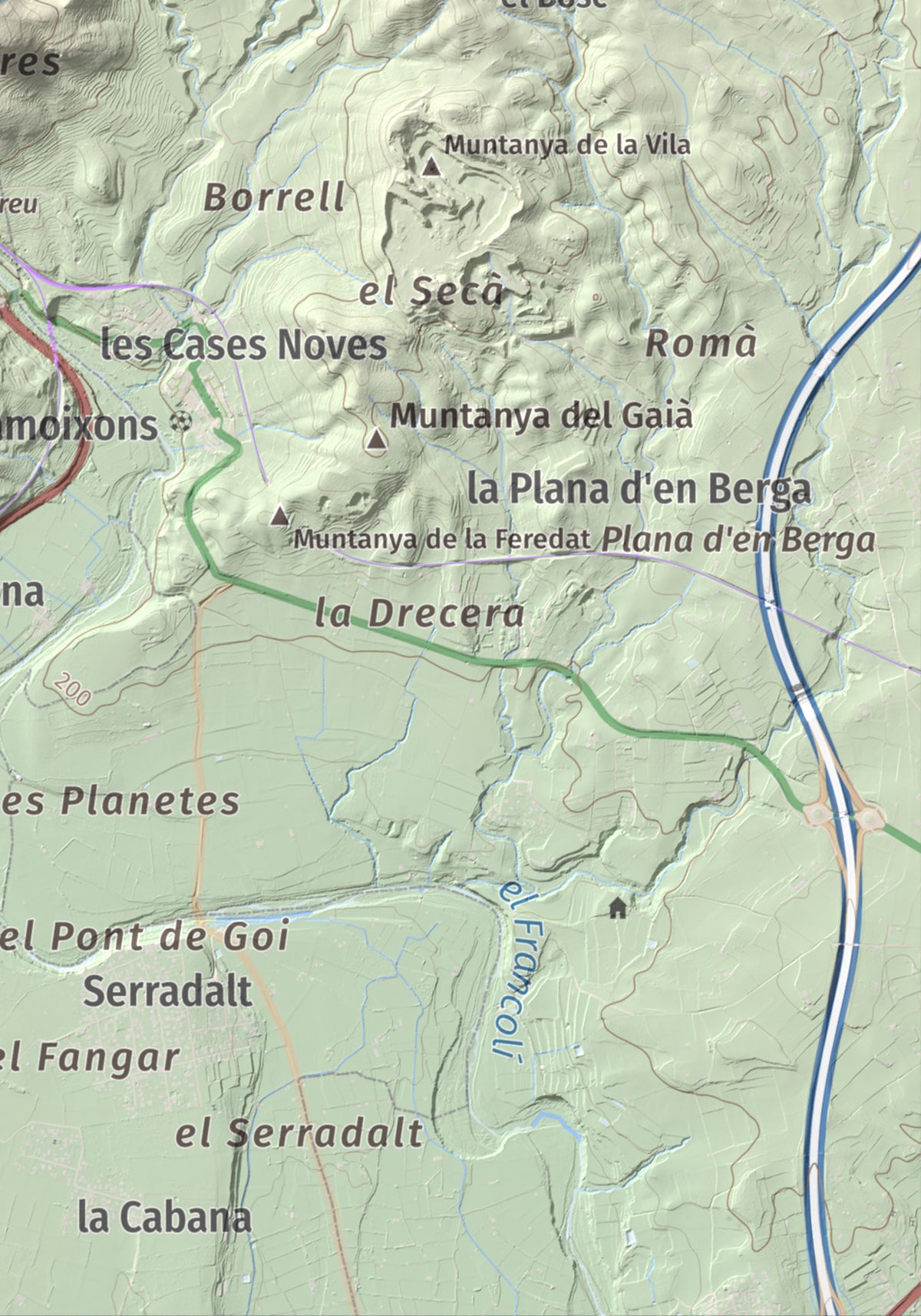 Mapa topográfico del relieve: Puigcabrer, 524 m. Detalle de la zona inferior derecha. 21 × 30 cm.