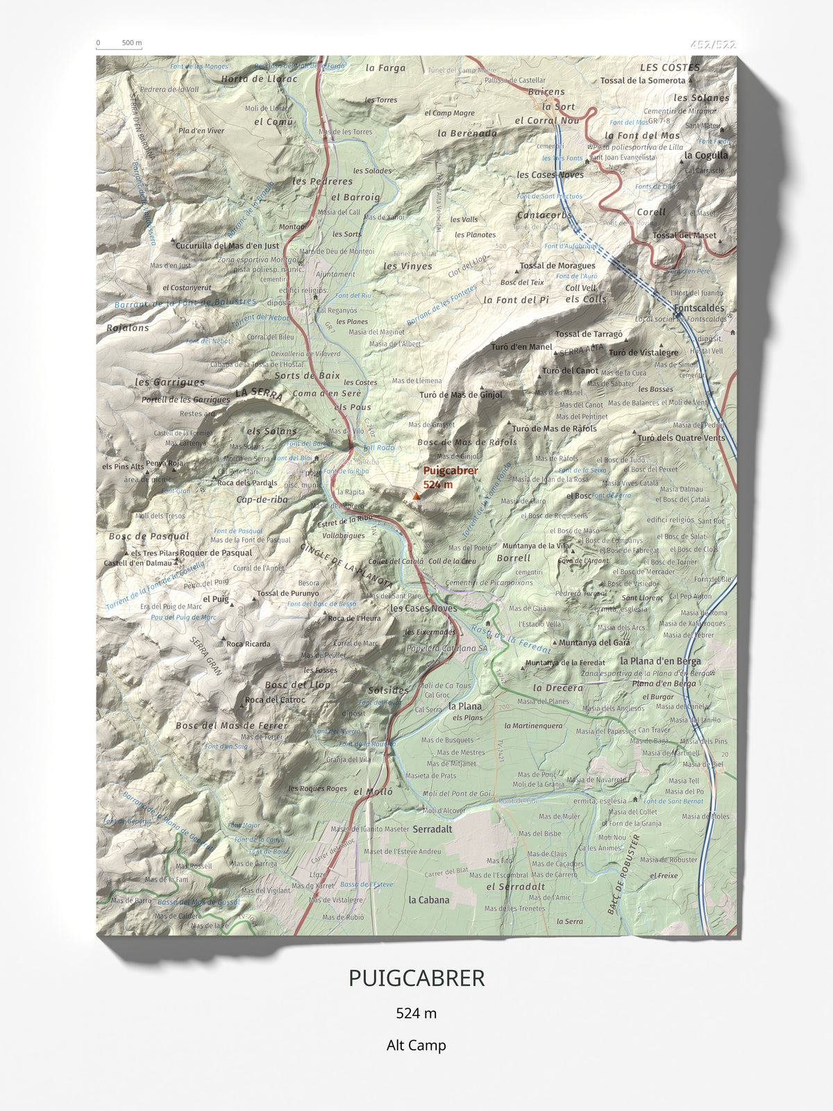 Mapa topográfico del relieve: Puigcabrer, 524 m. Lámina completa. 30 × 40 cm.