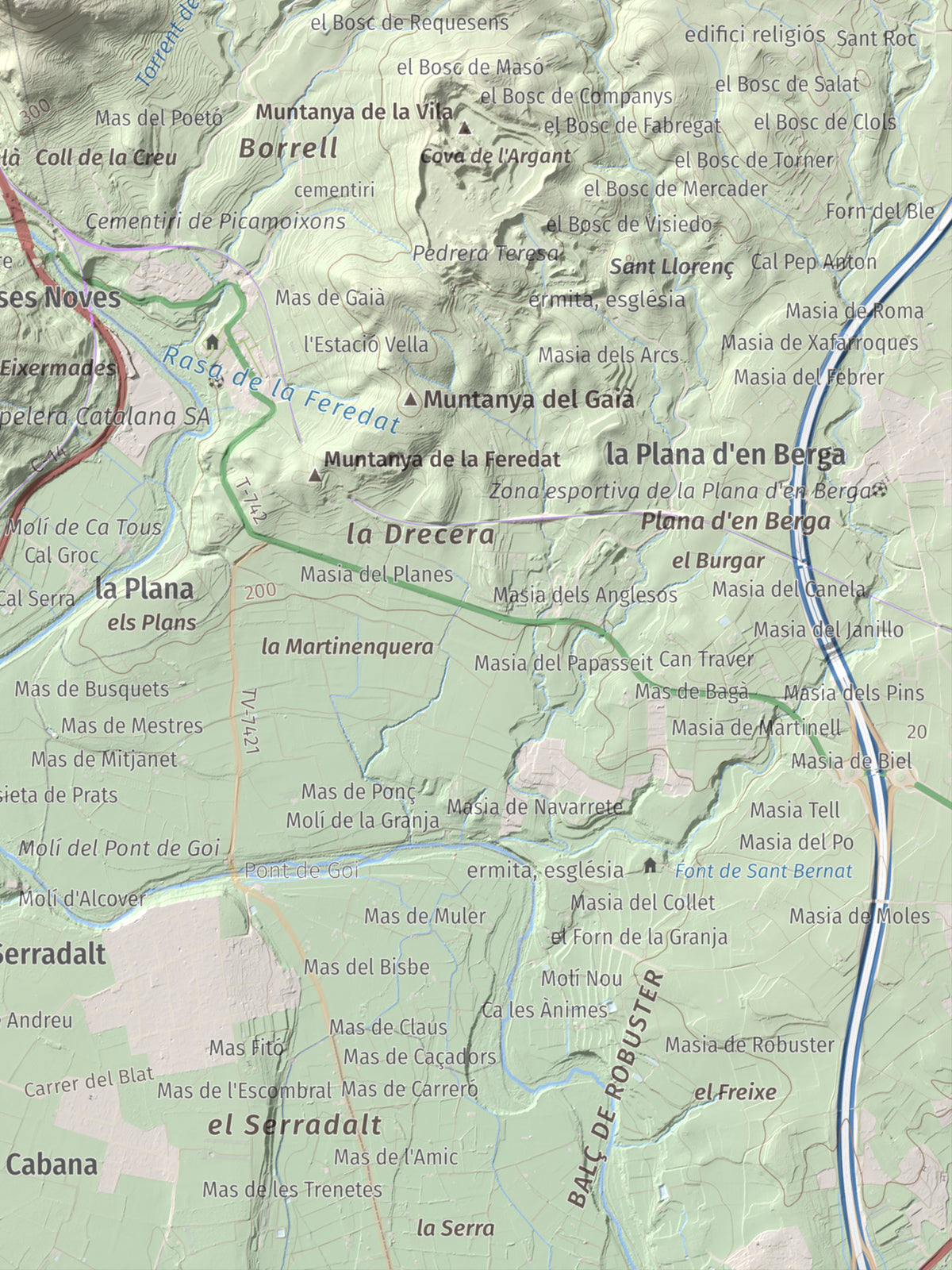Mapa topográfico del relieve: Puigcabrer, 524 m. Detalle de la zona inferior derecha. 30 × 40 cm.