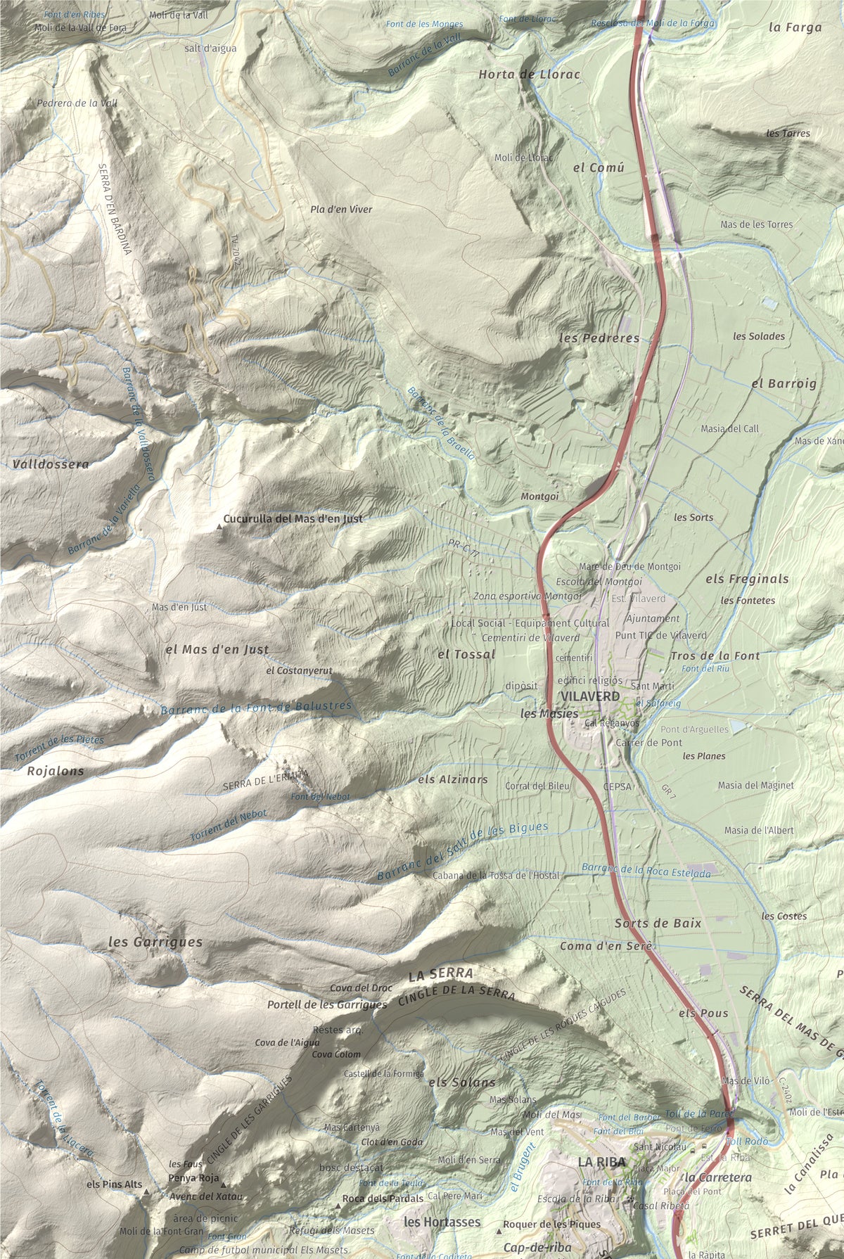 Mapa topográfico del relieve: Puigcabrer, 524 m. Detalle de la zona superior izquierda. 61 × 91 cm.