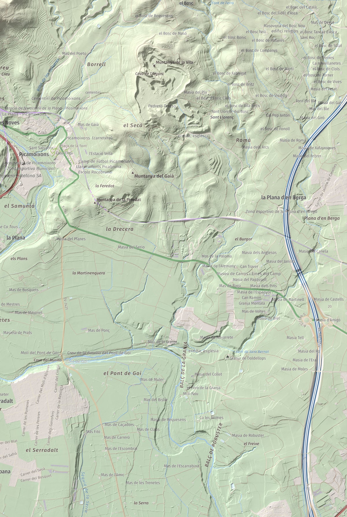 Mapa topográfico del relieve: Puigcabrer, 524 m. Detalle de la zona inferior derecha. 61 × 91 cm.
