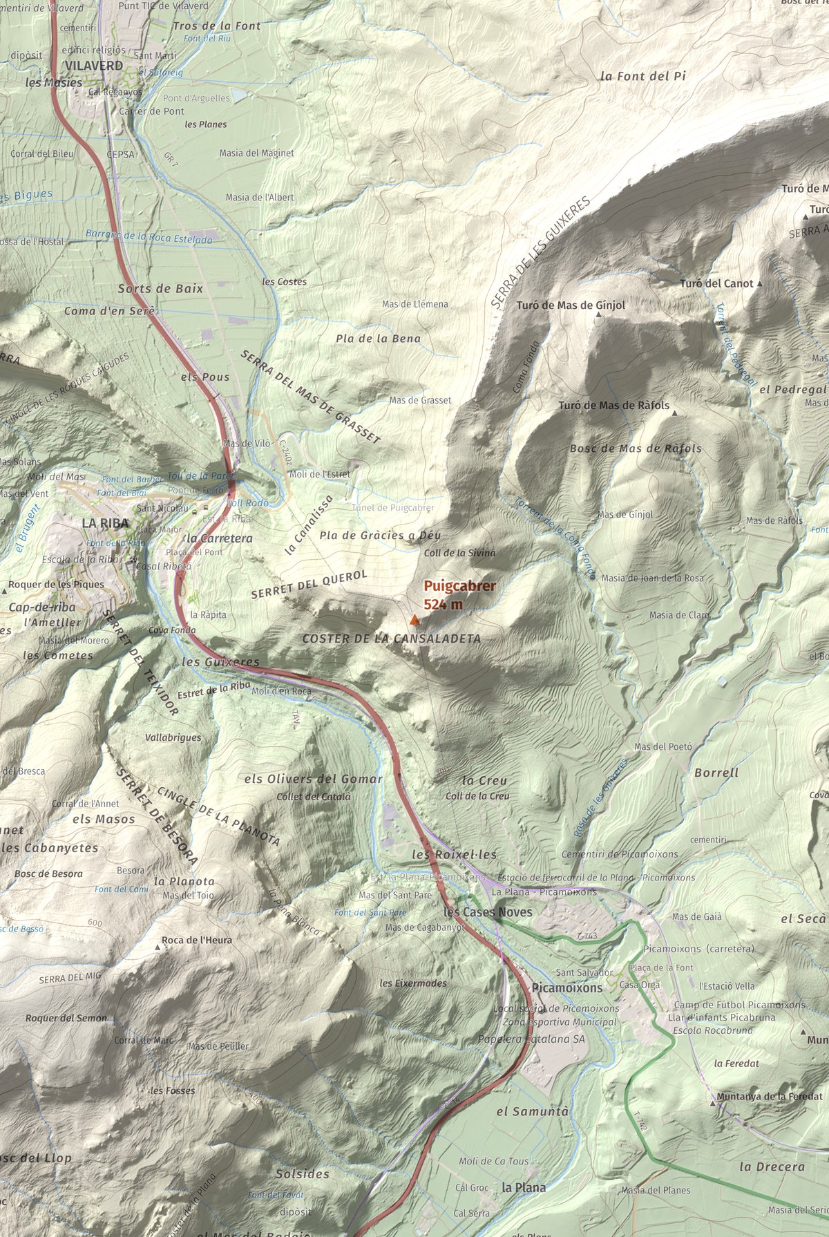 Mapa topográfico del relieve: Puigcabrer, 524 m. Detalle de la zona central. 61 × 91 cm.