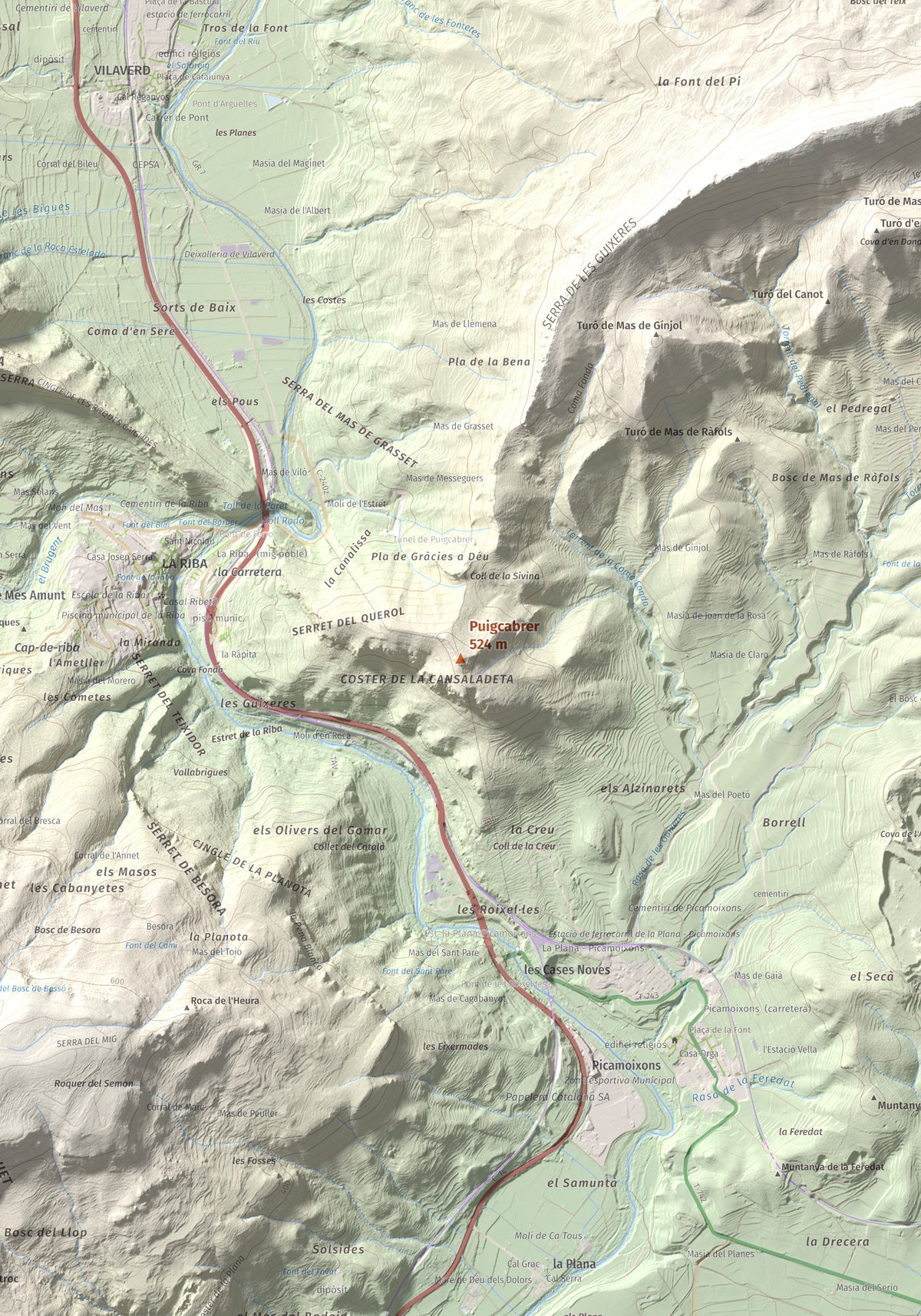 Mapa topográfico del relieve: Puigcabrer, 524 m. Detalle de la zona central. 70 × 100 cm.