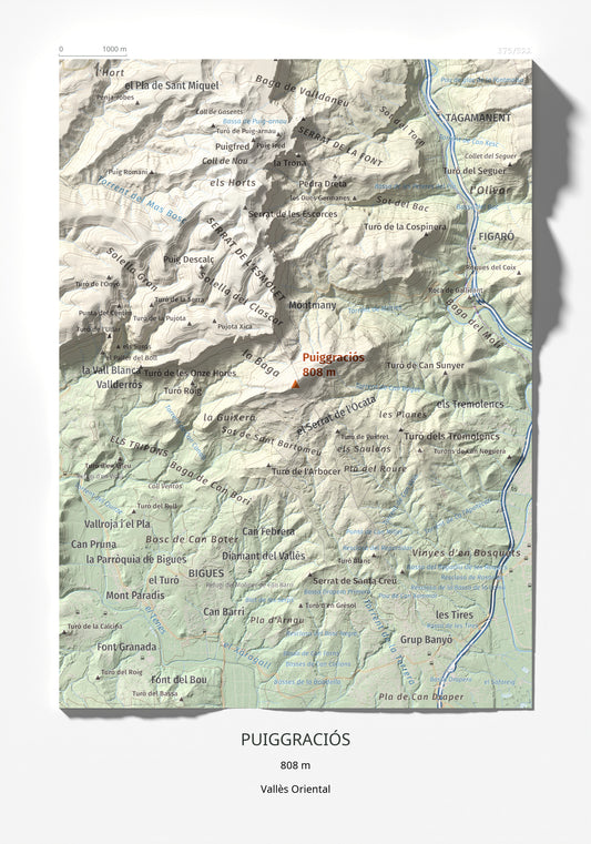 Mapa de relieve de Puiggraciós, 808 m, Vallès Oriental, lámina 100 Cims de Trobart 21 × 30 cm.