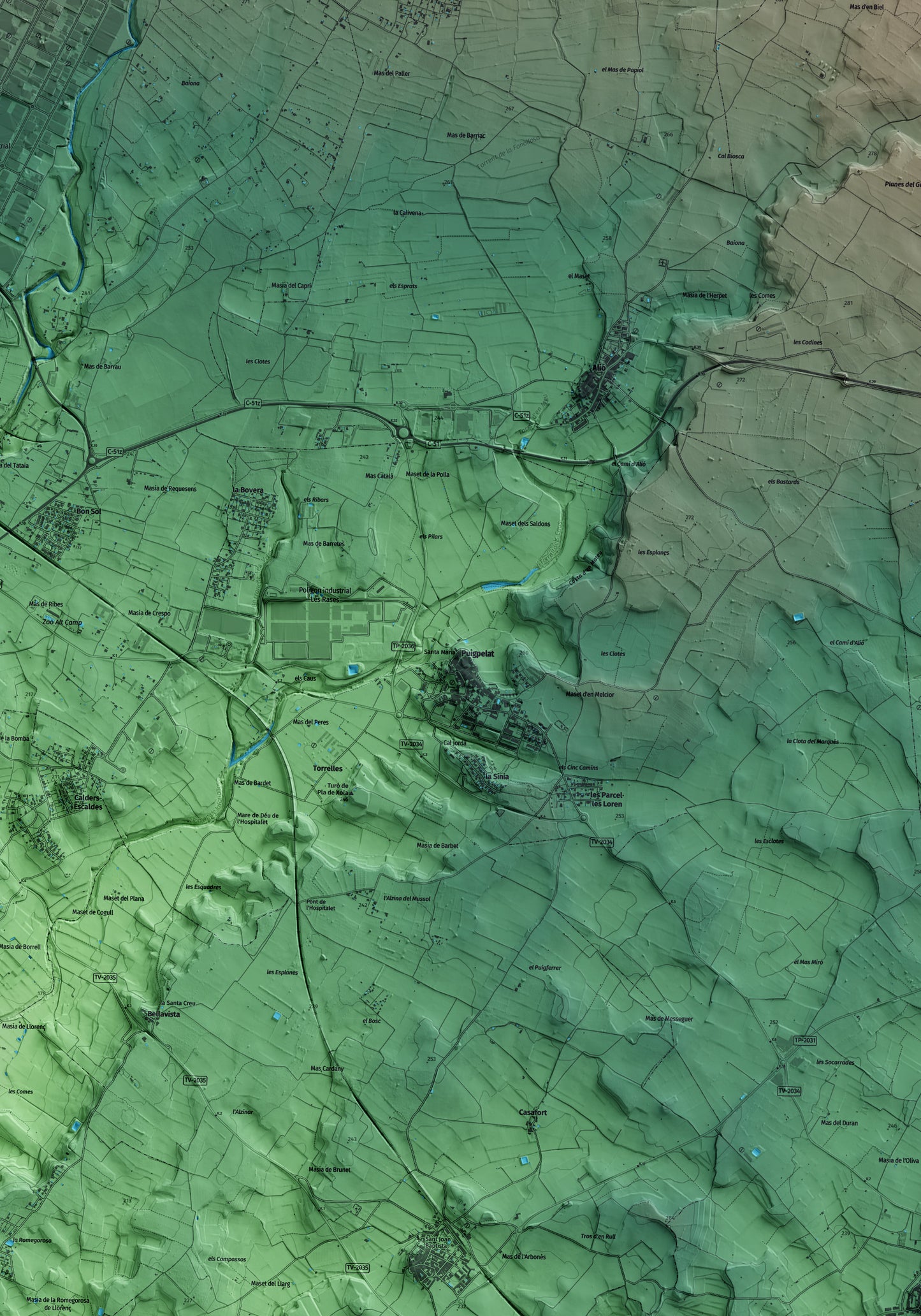 Mapa artístico del relieve de Puigpelat, al Alt Camp, con 15 km de entorno y base topográfica ICGC. Detalle de la zona central.