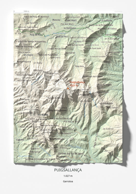 Mapa de relieve de Puigsallança, 1027 m, Garrotxa, lámina 100 Cims de Trobart 21 × 30 cm.