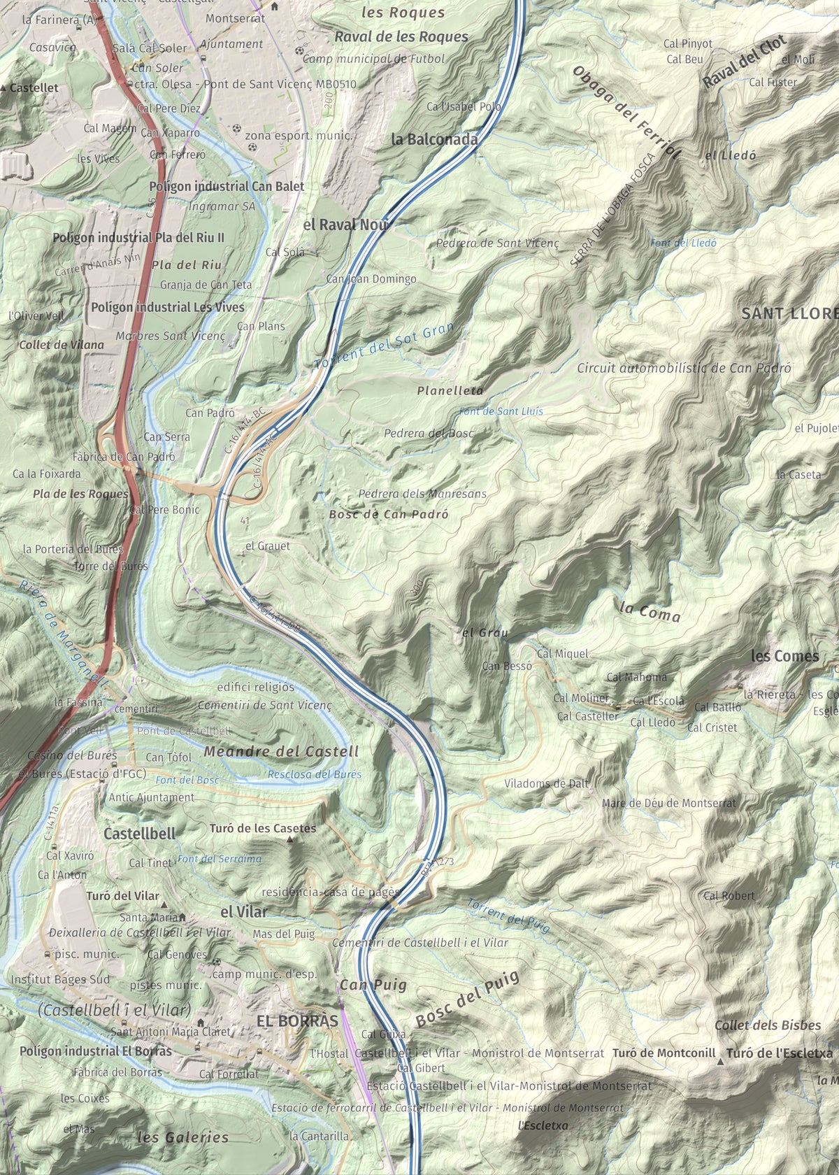 Mapa de relieve de Puigsoler, 524 m, Bages, lámina 100 Cims de Trobart. Detalle de la zona inferior izquierda. 50 × 70 cm.