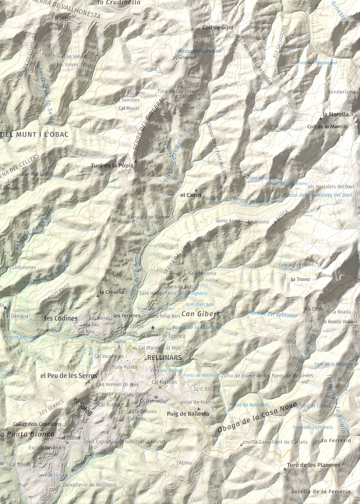 Mapa de relieve de Puigsoler, 524 m, Bages, lámina 100 Cims de Trobart. Detalle de la zona inferior derecha. 50 × 70 cm.