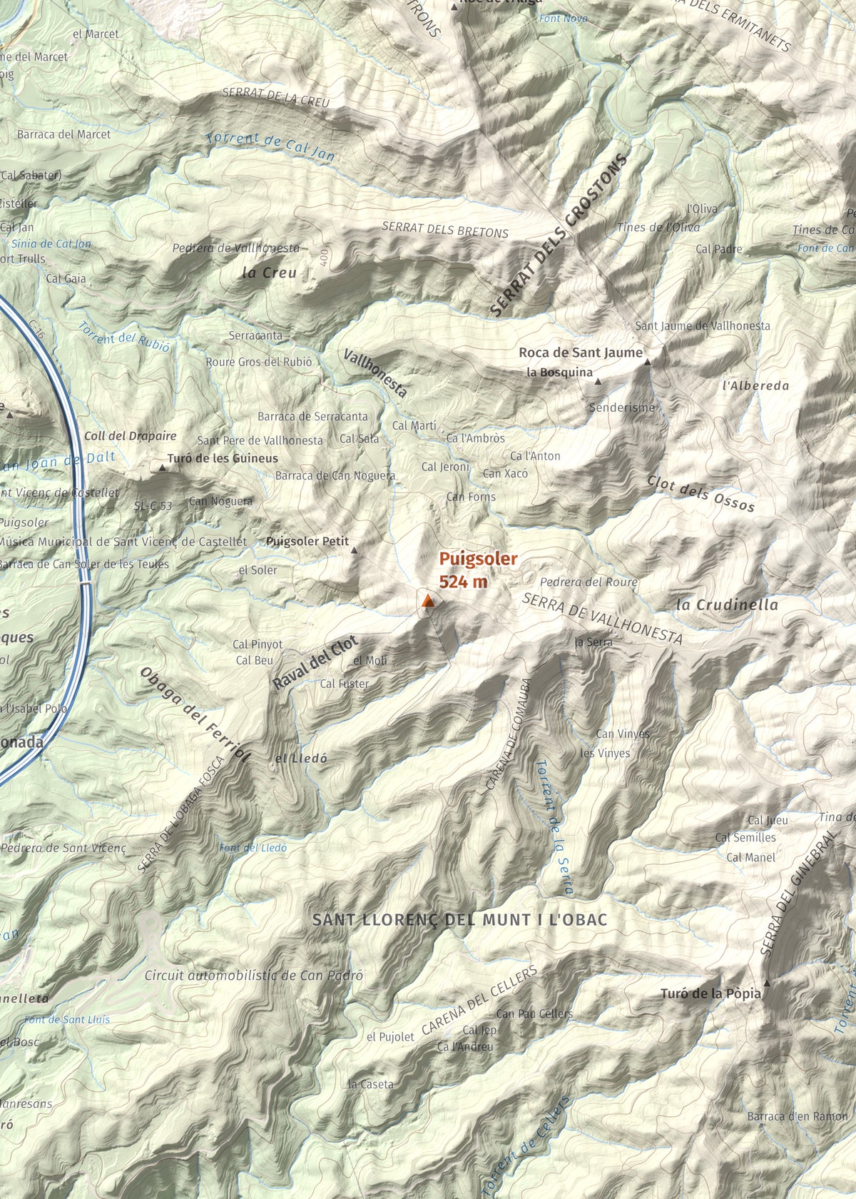 Mapa de relieve de Puigsoler, 524 m, Bages, lámina 100 Cims de Trobart. Detalle de la zona central. 50 × 70 cm.