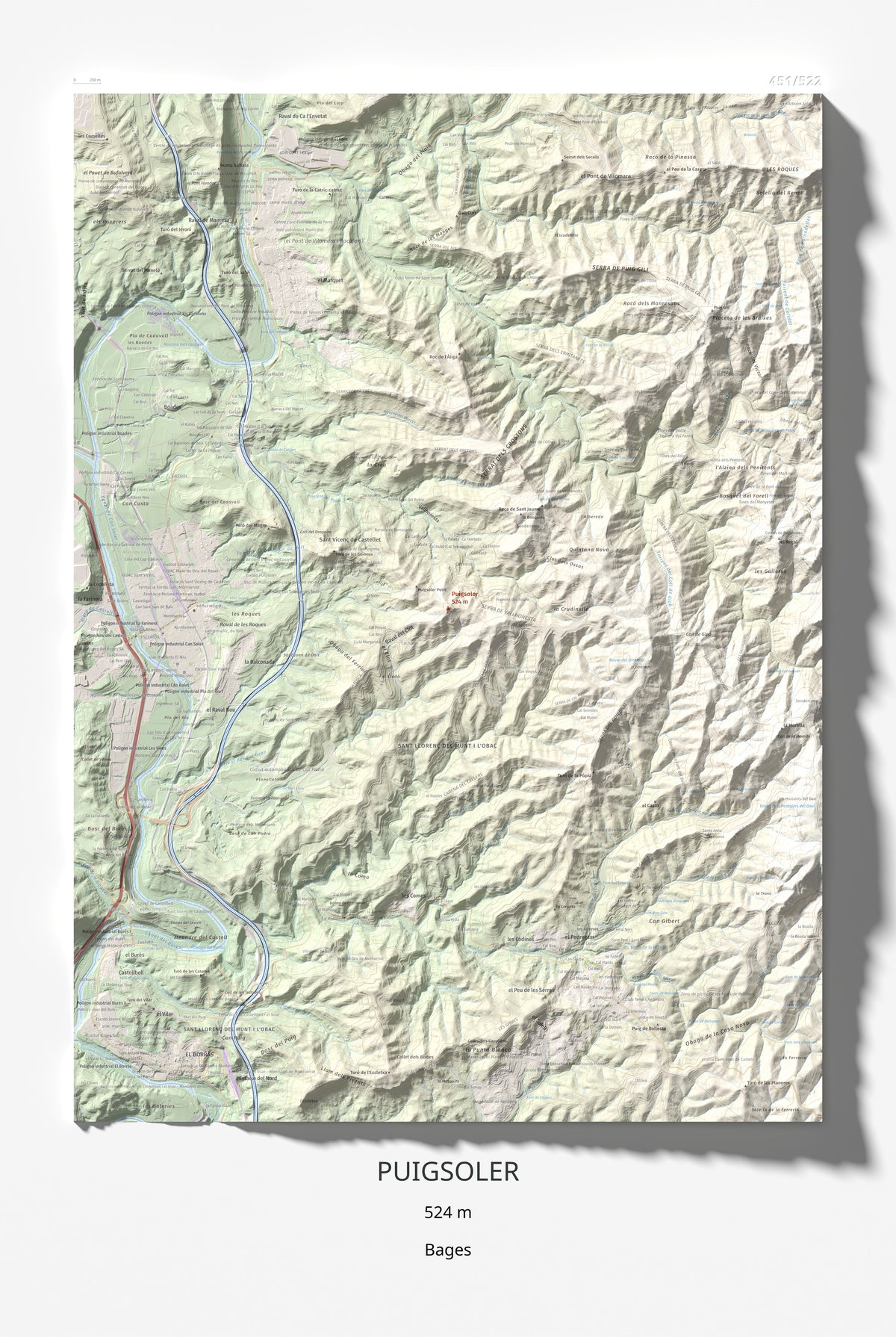 Mapa de relieve de Puigsoler, 524 m, Bages, lámina 100 Cims de Trobart 61 × 91 cm.
