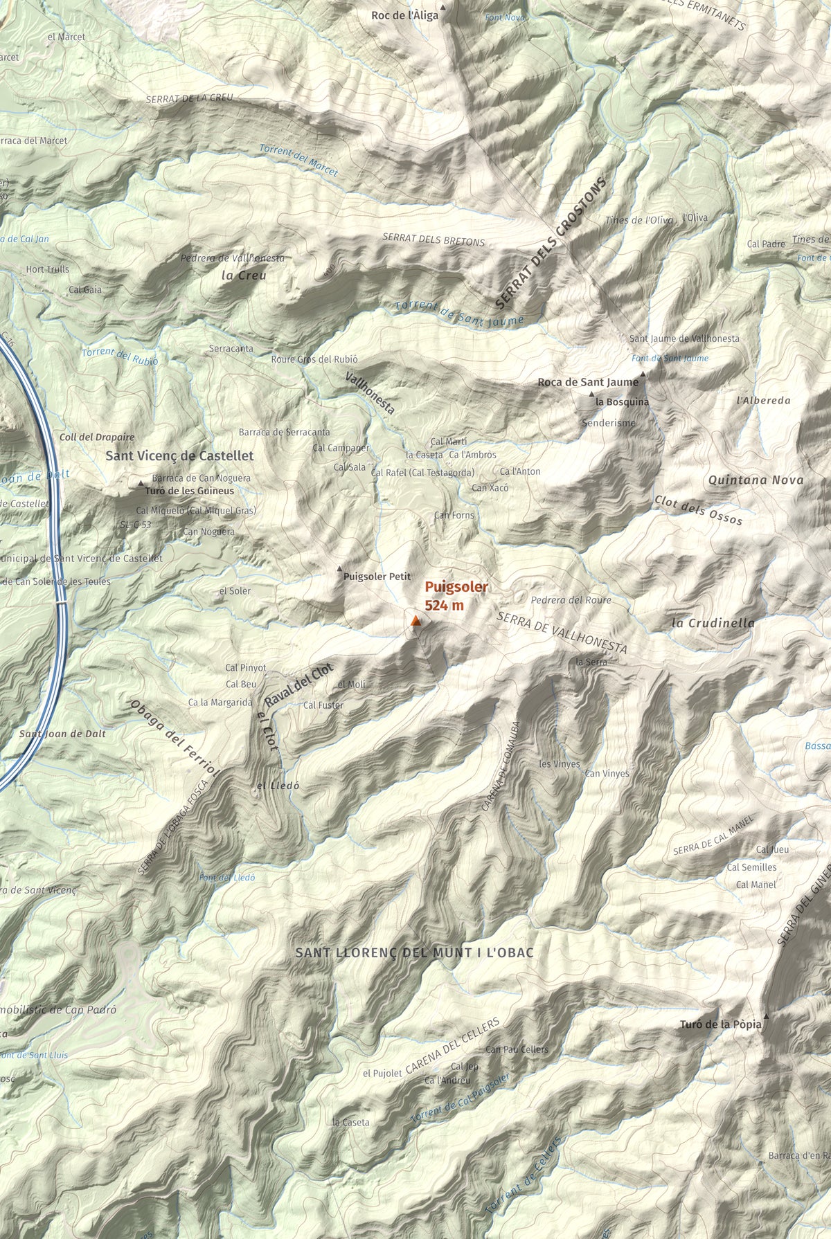 Mapa de relieve de Puigsoler, 524 m, Bages, lámina 100 Cims de Trobart. Detalle de la zona central. 61 × 91 cm.