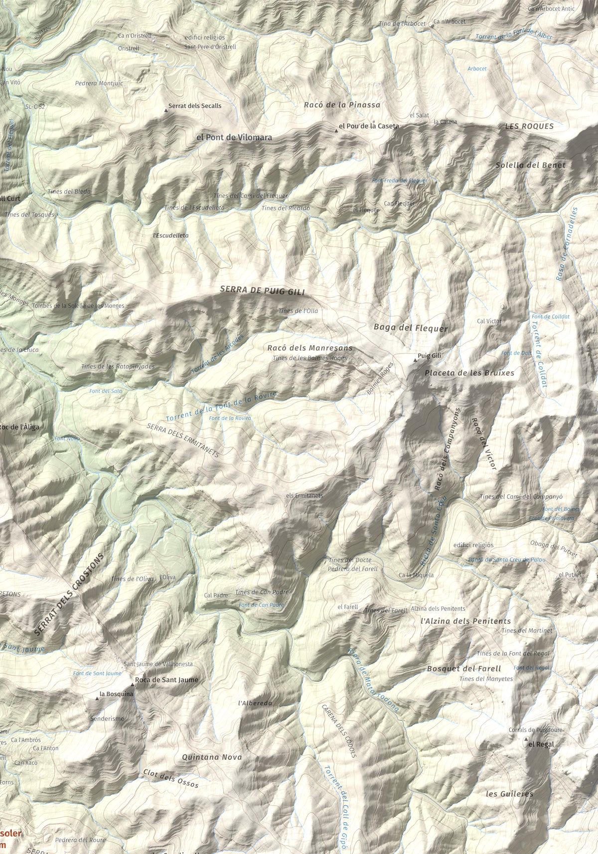 Mapa de relieve de Puigsoler, 524 m, Bages, lámina 100 Cims de Trobart. Detalle de la zona superior derecha. 70 × 100 cm.
