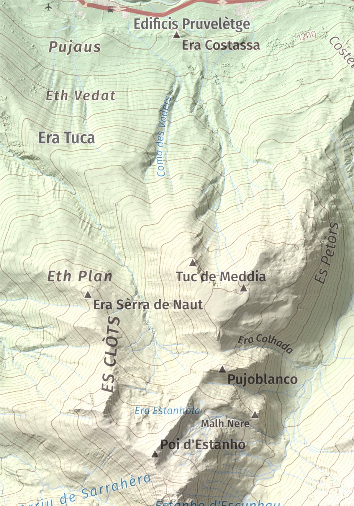 Mapa topográfico del relieve: Pujoalbo, 2504 m. Detalle de la zona superior izquierda. 21 × 30 cm.