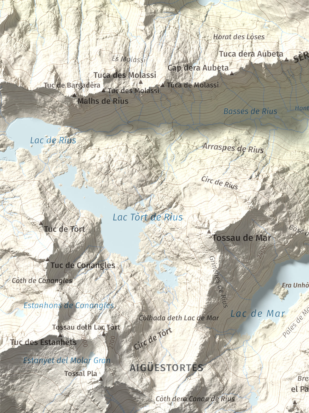 Mapa topográfico del relieve: Pujoalbo, 2504 m. Detalle de la zona inferior izquierda. 30 × 40 cm.