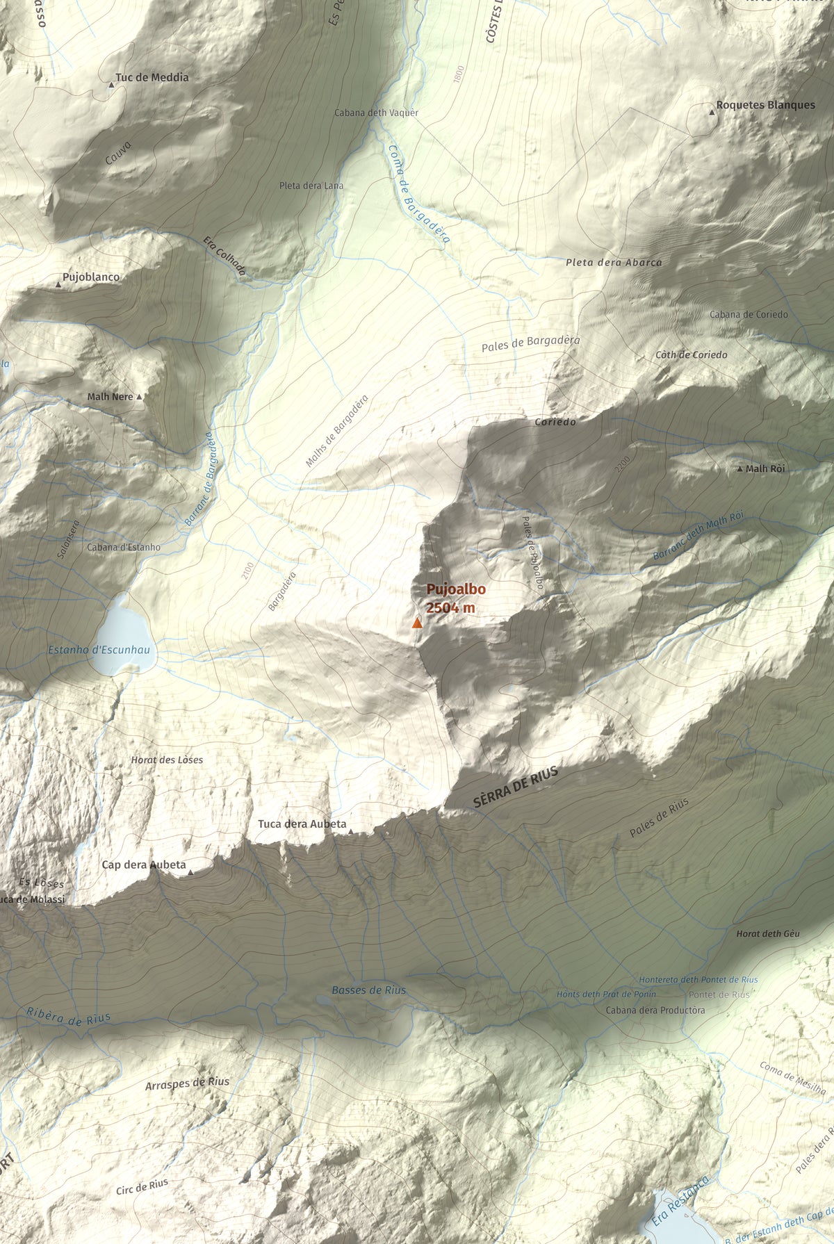 Mapa topográfico del relieve: Pujoalbo, 2504 m. Detalle de la zona central. 61 × 91 cm.